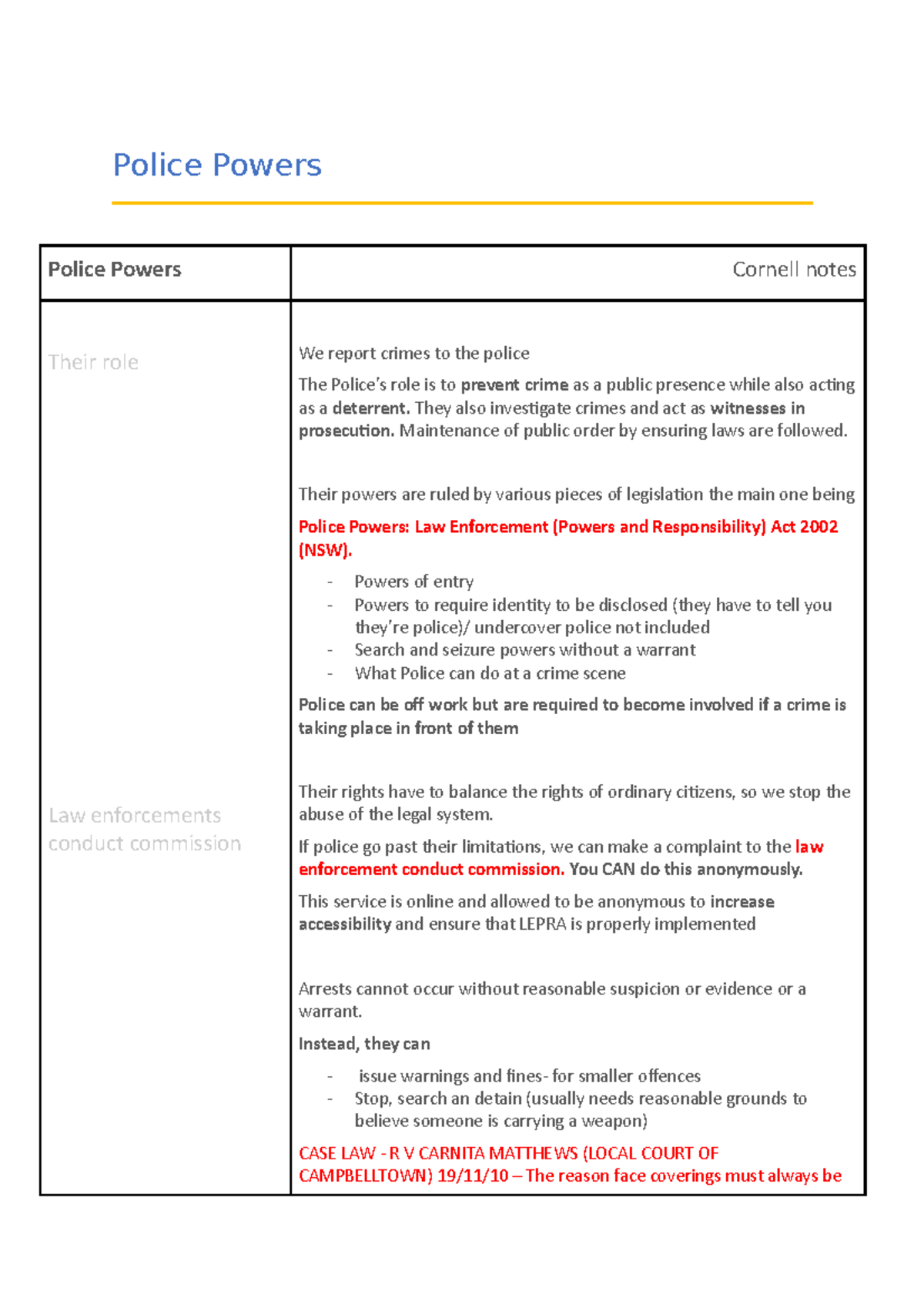 Police Powers - notes - Police Powers Police Powers Cornell notes Their ...