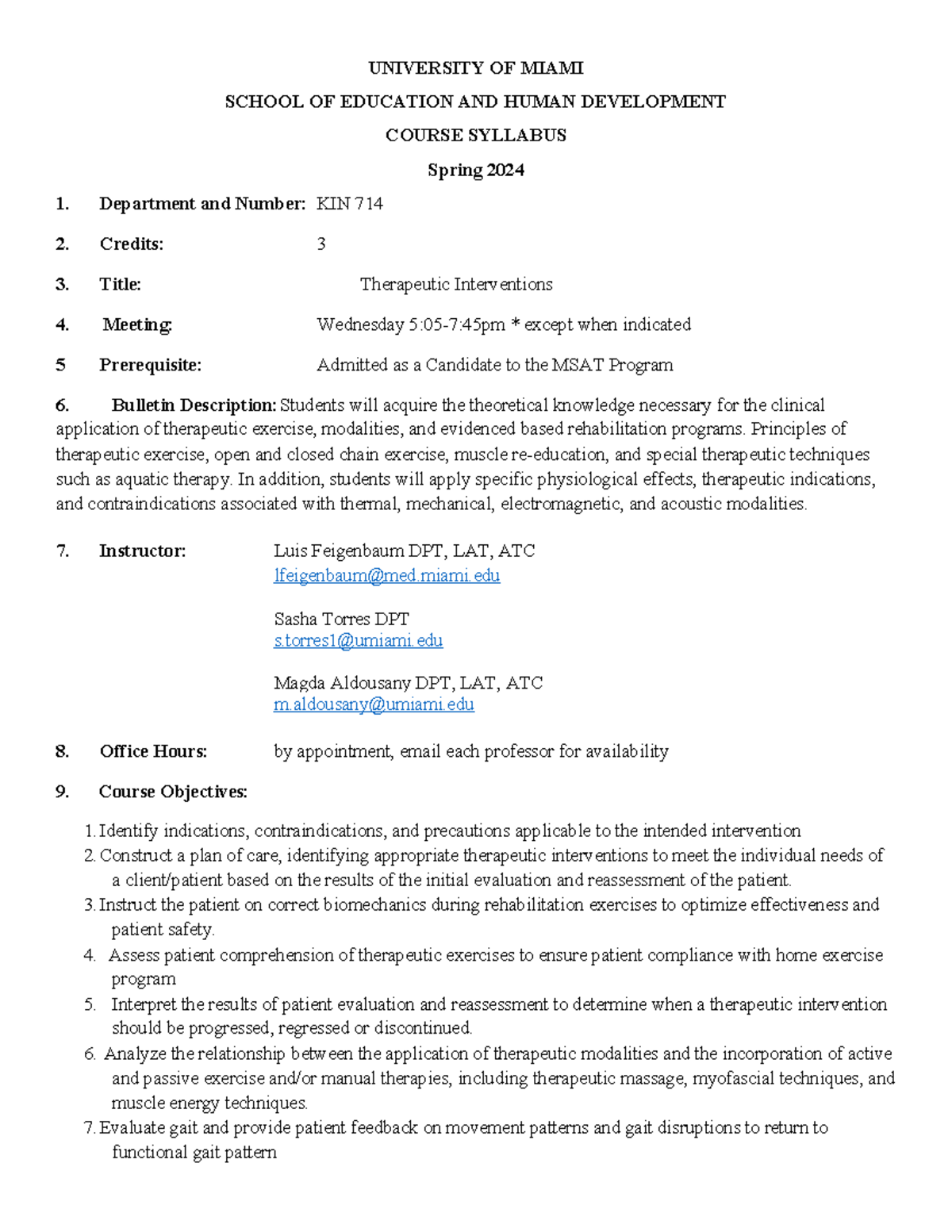 Kin 714 Syllabus Spring 2024 1 11 - University Of Miami School Of 