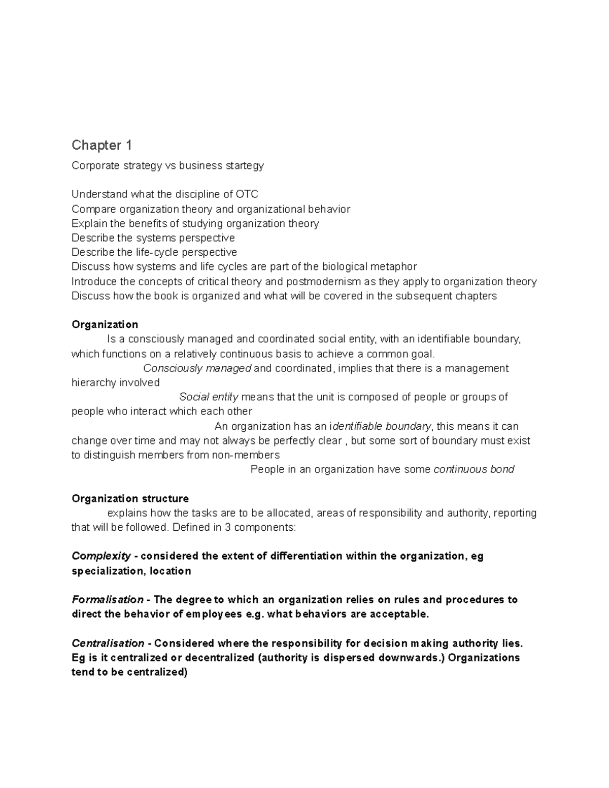 Notes Organization Theory CH1-2 - Chapter 1 Corporate Strategy Vs ...