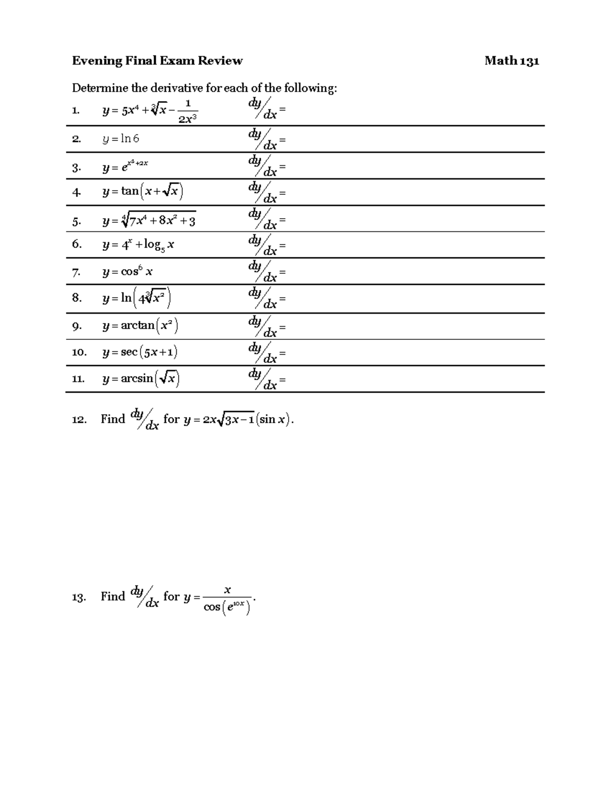 Final Exam Review Calculus 1 - Evening Final Exam Review Math 131 ...