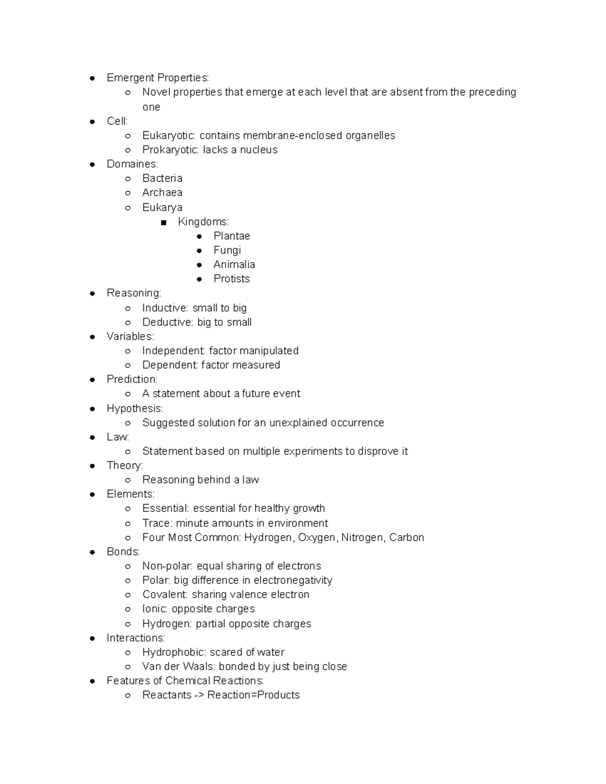 Exam 1 Review - Summary Principles Of Biology I - Emergent Properties ...