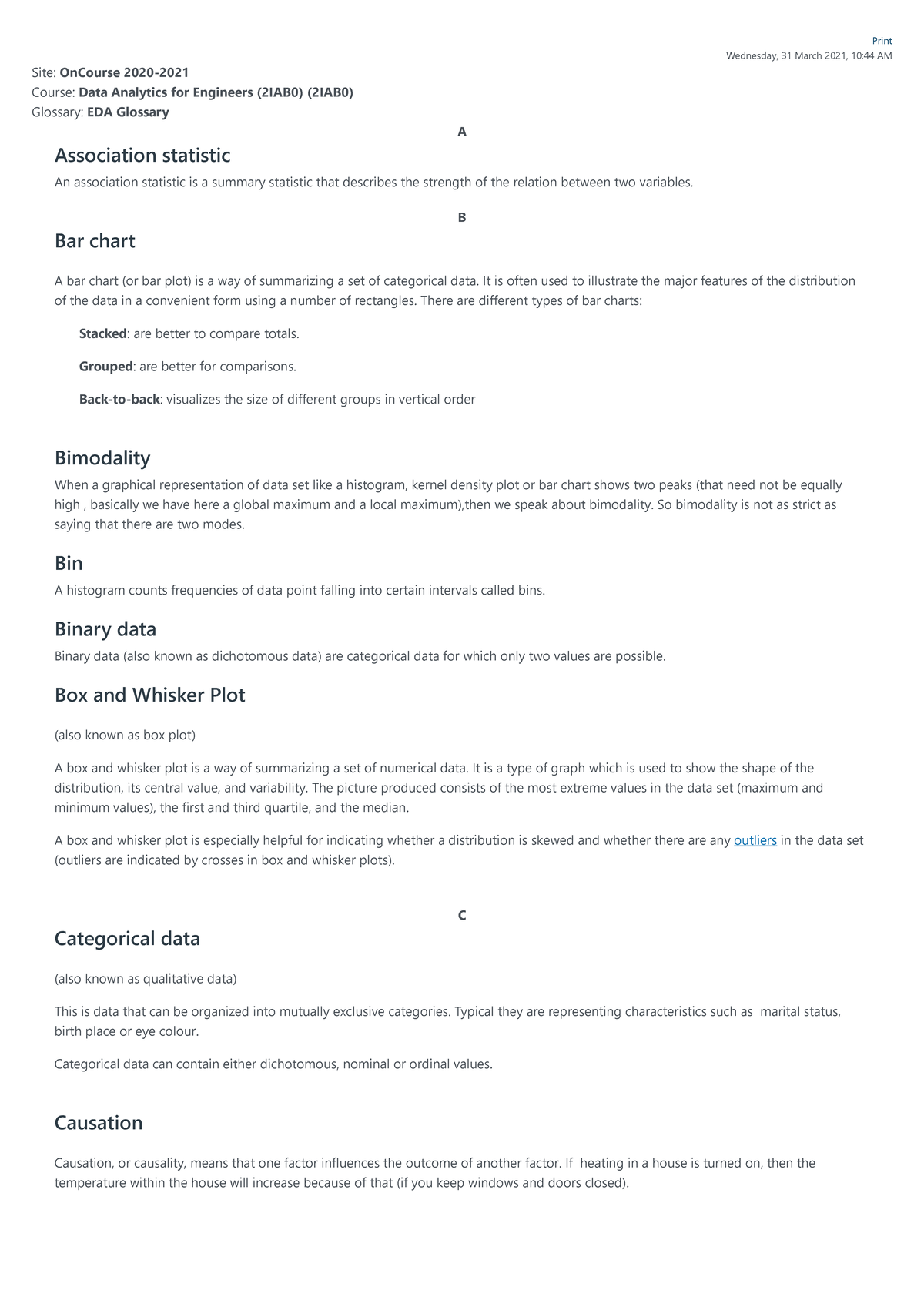 Canvas Glossary Print Wednesday, 31 March 2021, 1044 AM Site OnCourse 2020 Course Data