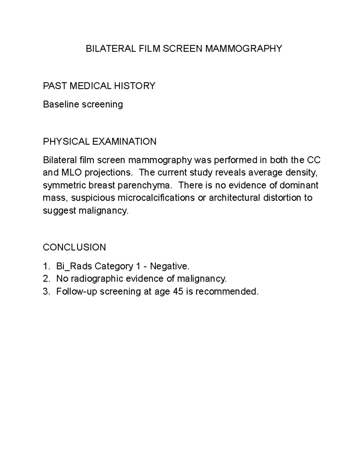 Bilateral Film Screen Mammogram - BILATERAL FILM SCREEN MAMMOGRAPHY ...