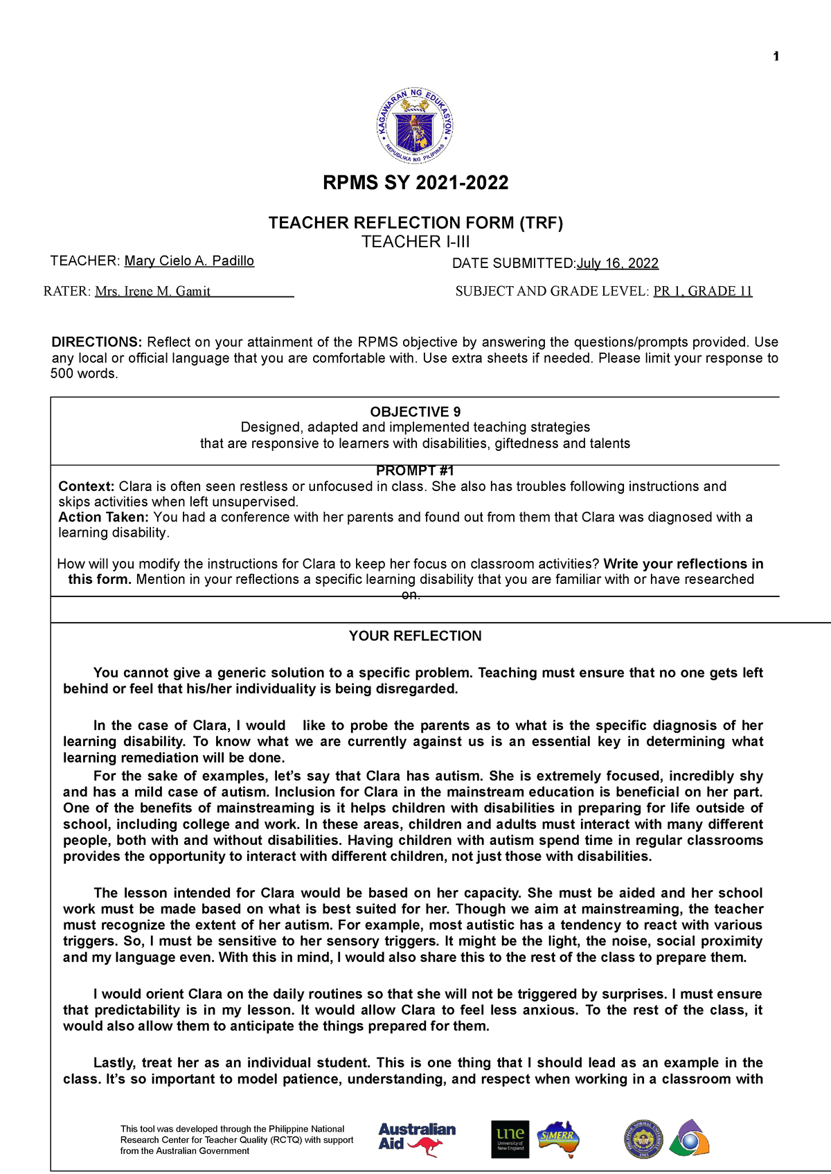 [Appendix 4A] Teacher Reflection Form for T I-III for RPMS SY 2021-2022 ...