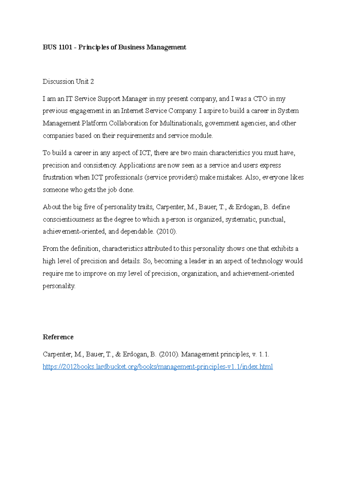 BUS 1101 - Principles of Business Management - Discussion Unit 2 - I ...