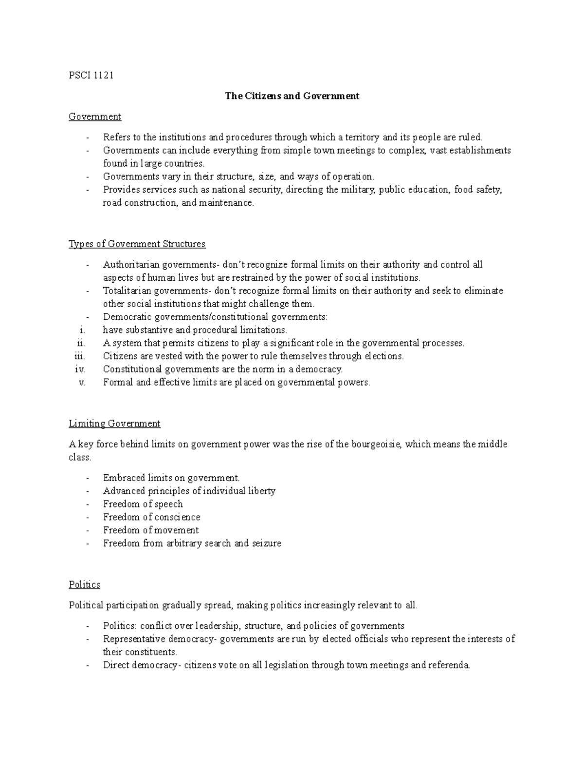 PSCI 1121 notes a - We the People - PSCI 1121 The Citizens and ...