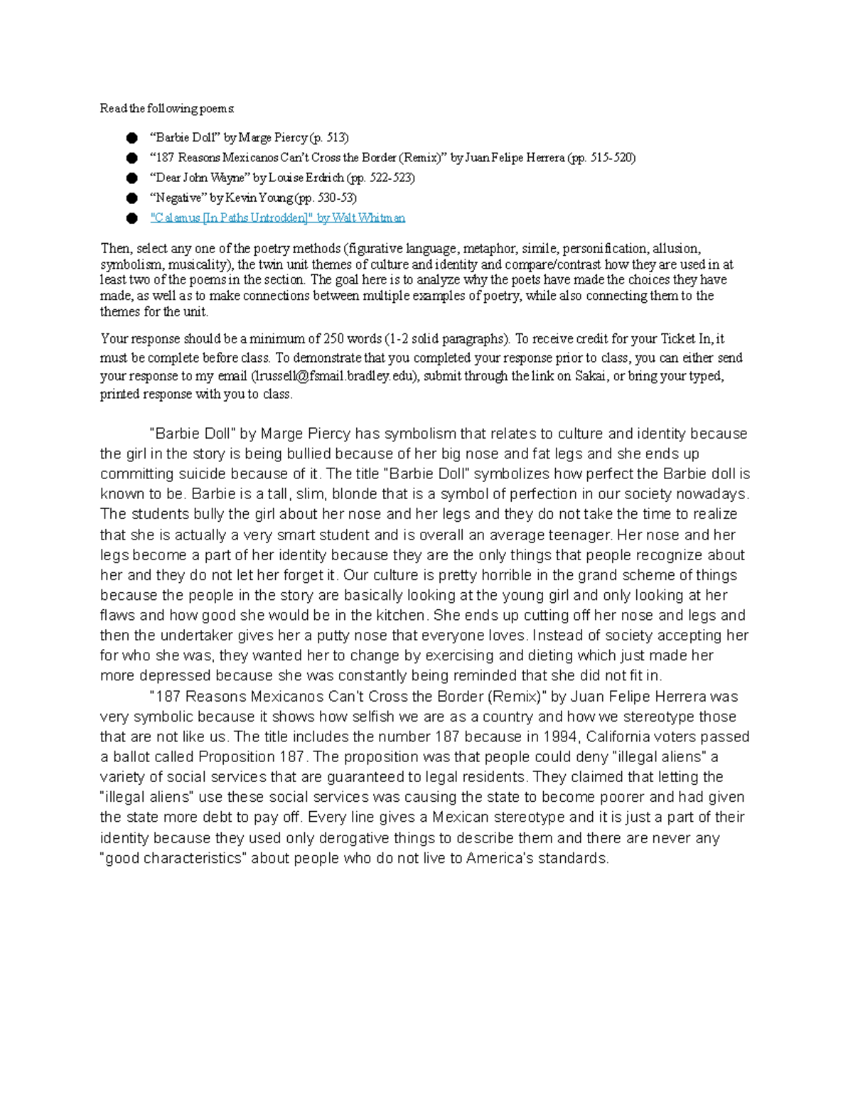ENG 115 Ticket in 12 - Professor Russell - Read the following poems ...