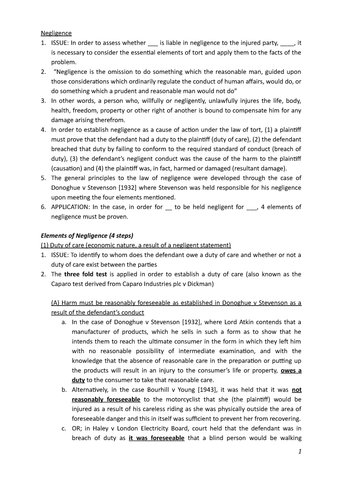 tort law negligence assignment