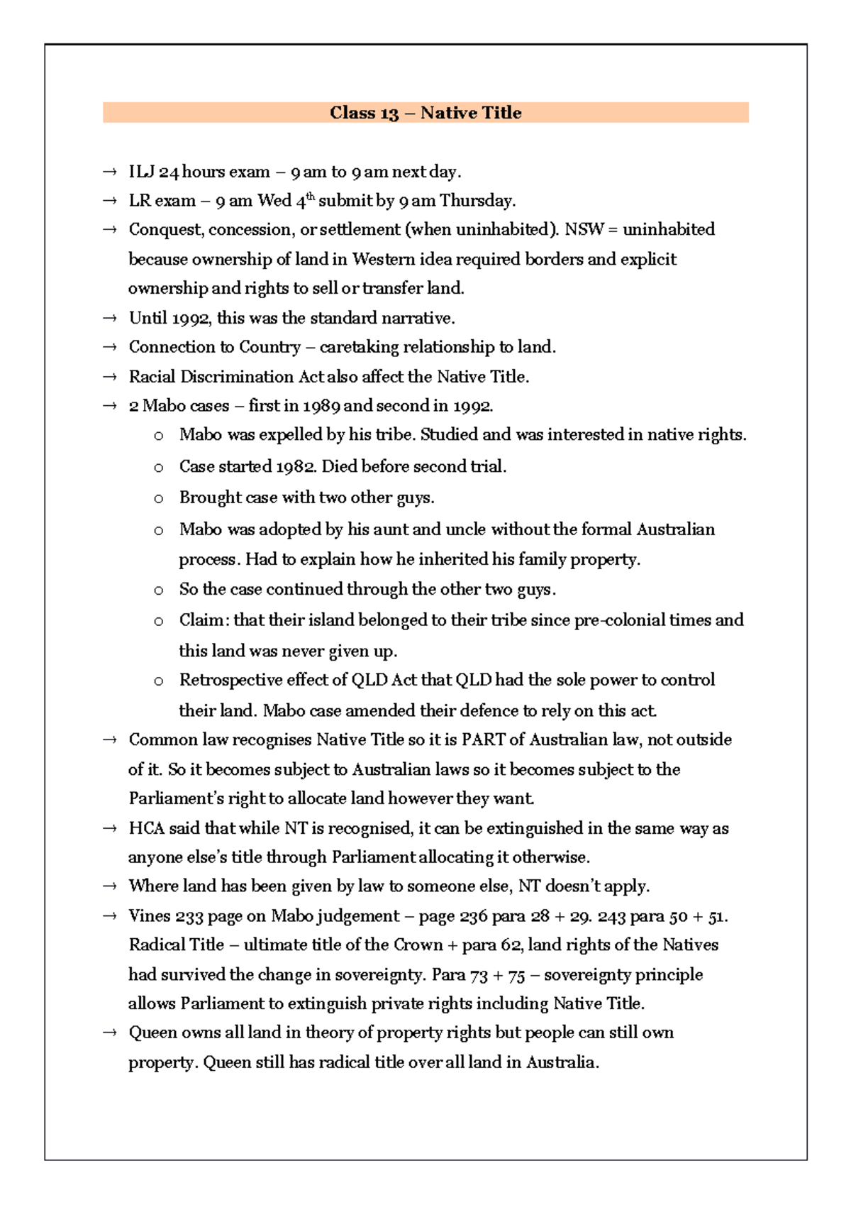 Class 13 - mabo and legal change - Class 13 – Native Title ILJ 24 hours ...