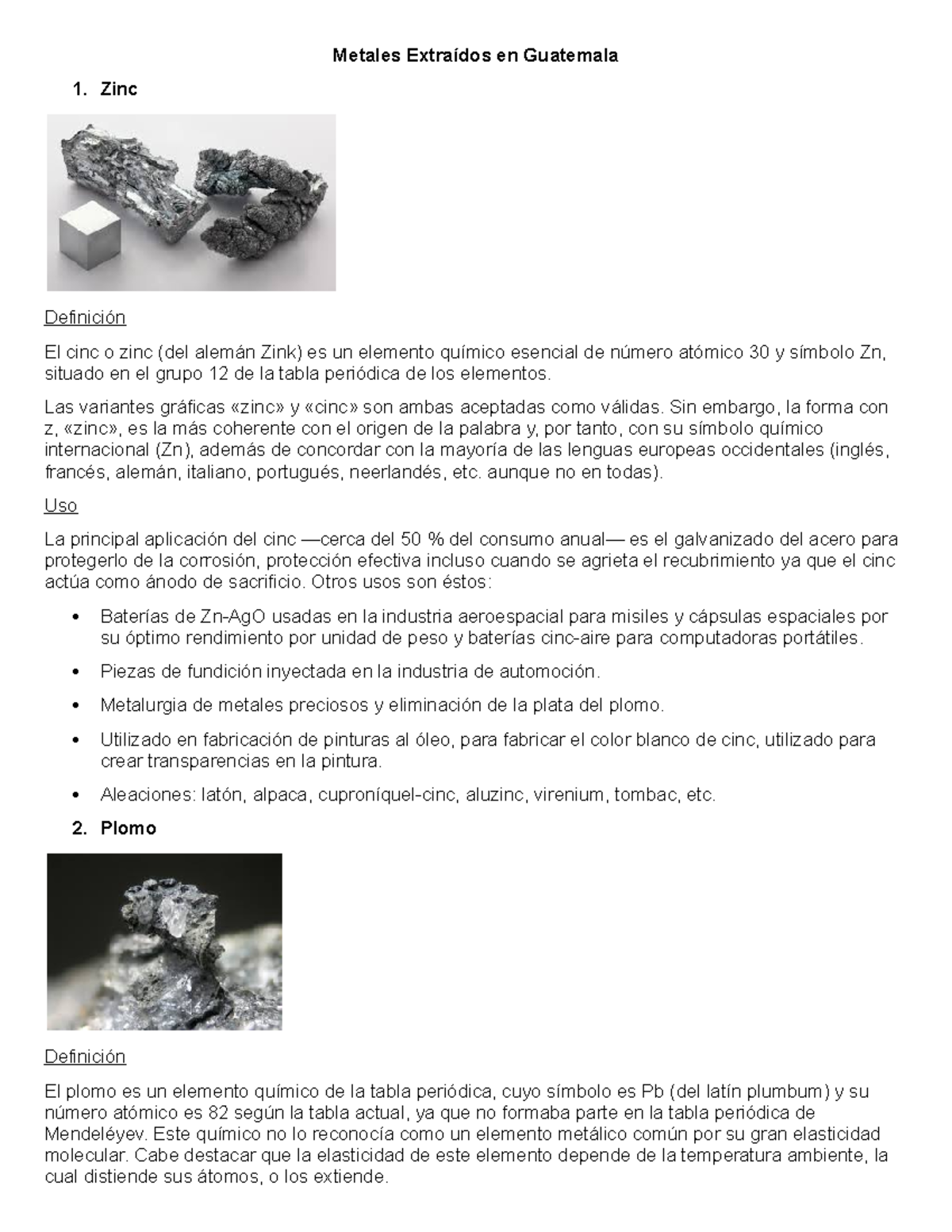 Metales Extraídos en Guatemala Zinc Definición El cinc o zinc (del