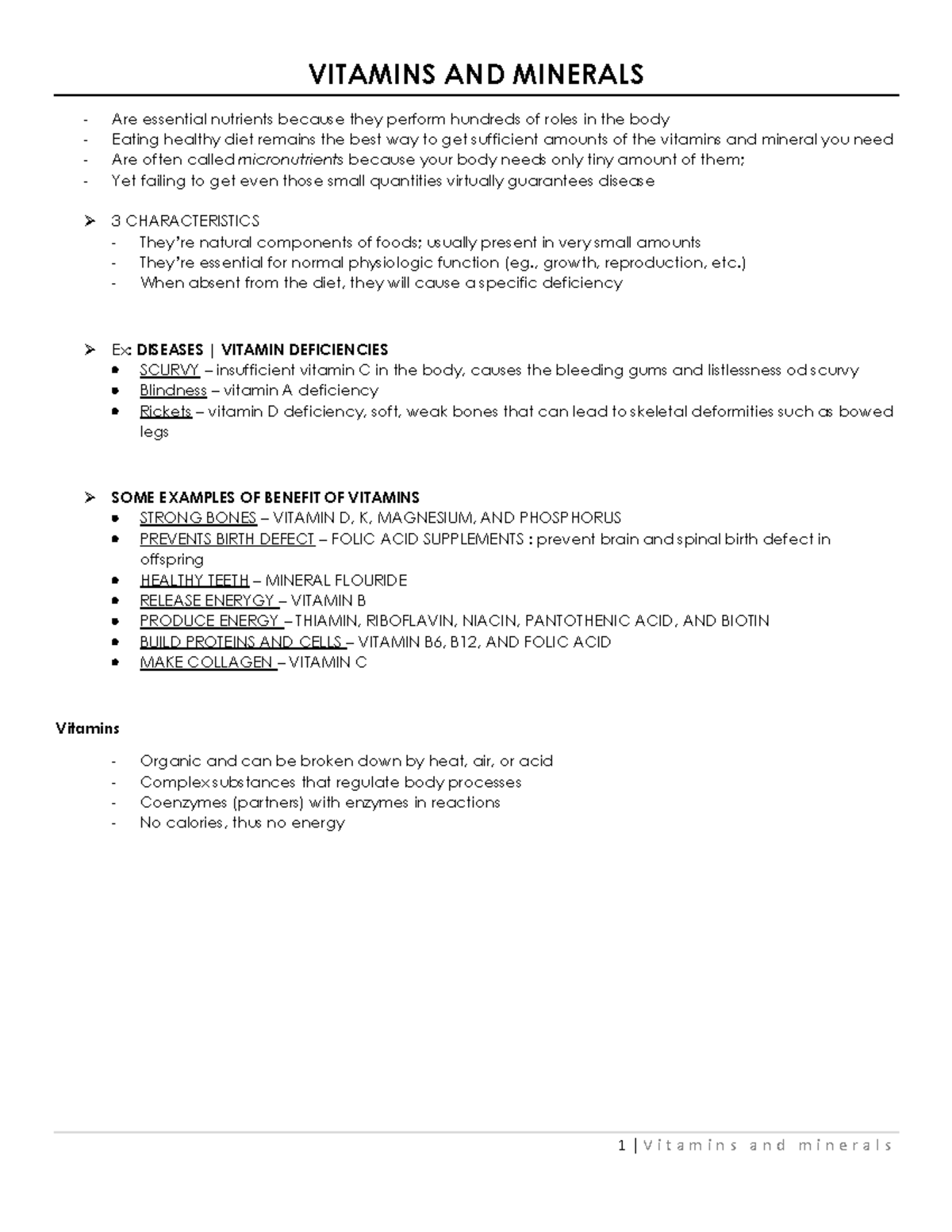 Vitamins and Minerals Biochemistry Notes VITAMINS AND MINERALS Are