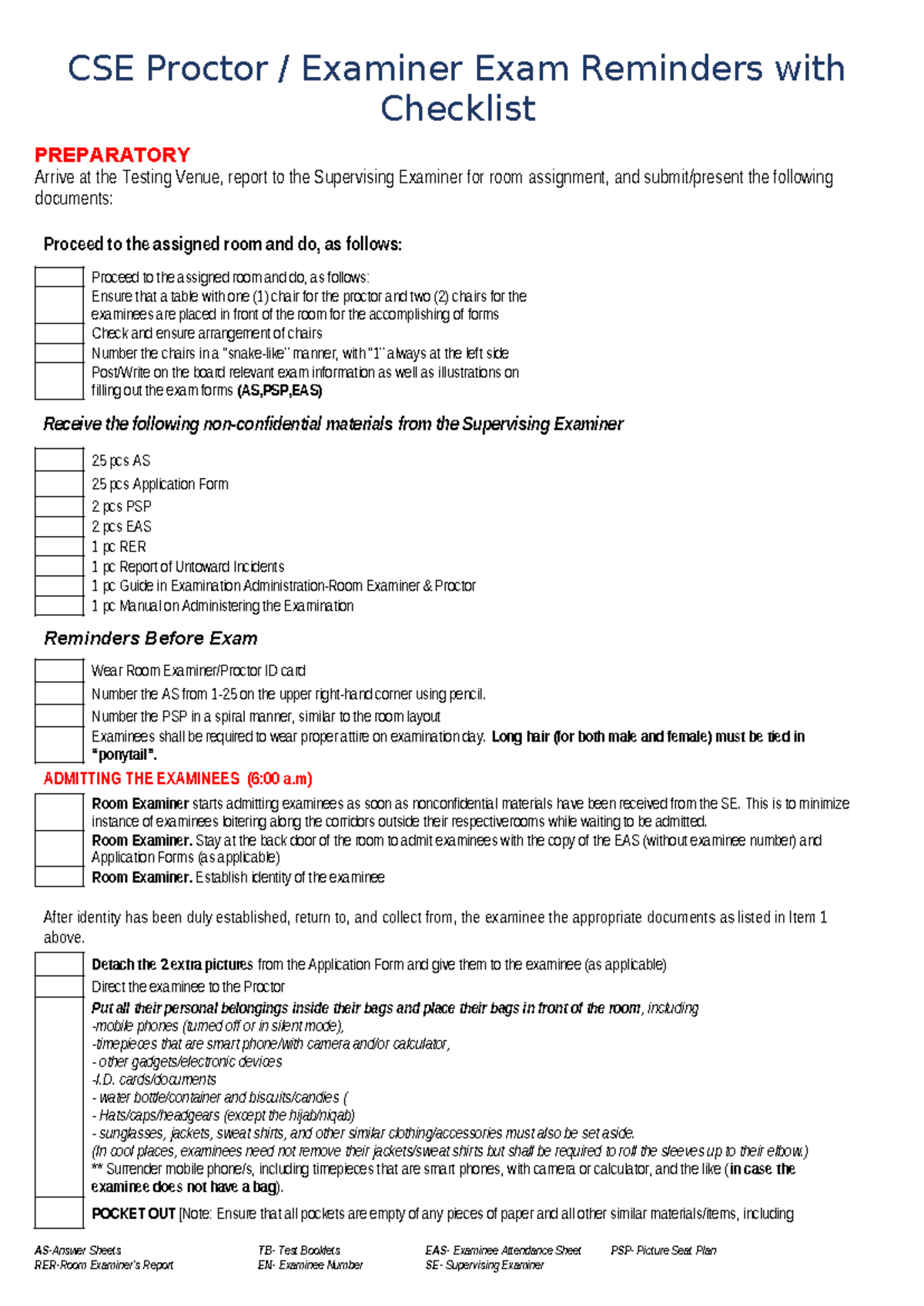 CS EXAM Checklist for proctor 2024 - CSE Proctor / Examiner Exam ...