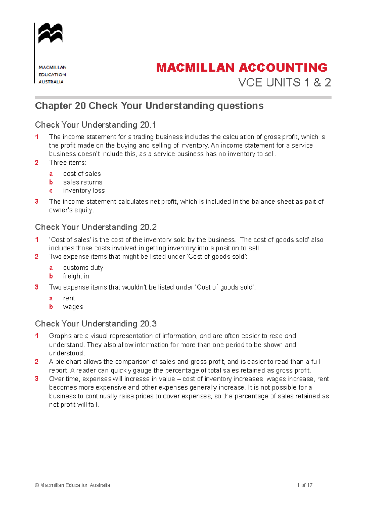 20 answers VCEAcc 12 MACMILLAN ACCOUNTING VCE UNITS 1 & 2Chapter 20 Check Your Understanding