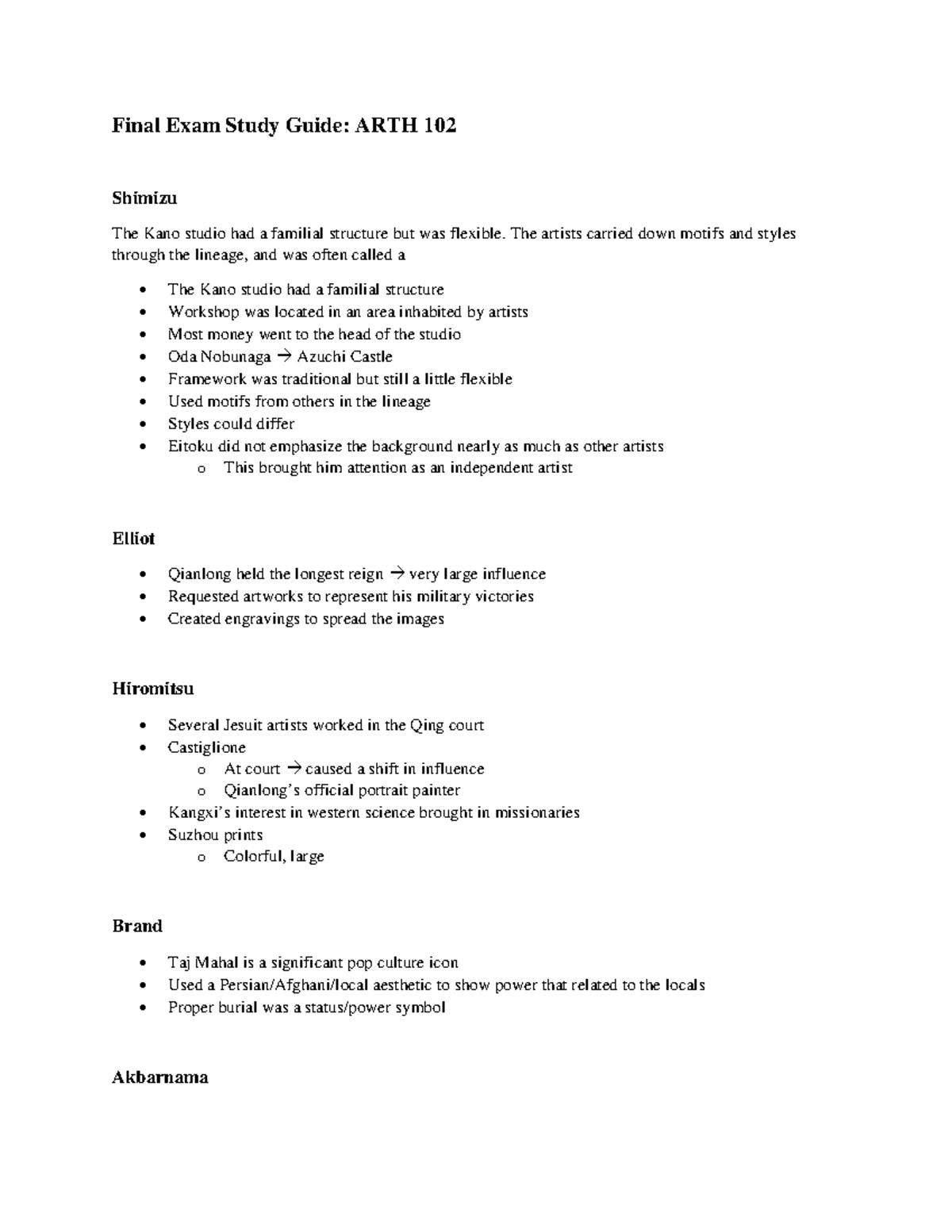 ARTH Study Guide ARTH 102 - Final Exam Study Guide: ARTH 102 Shimizu ...