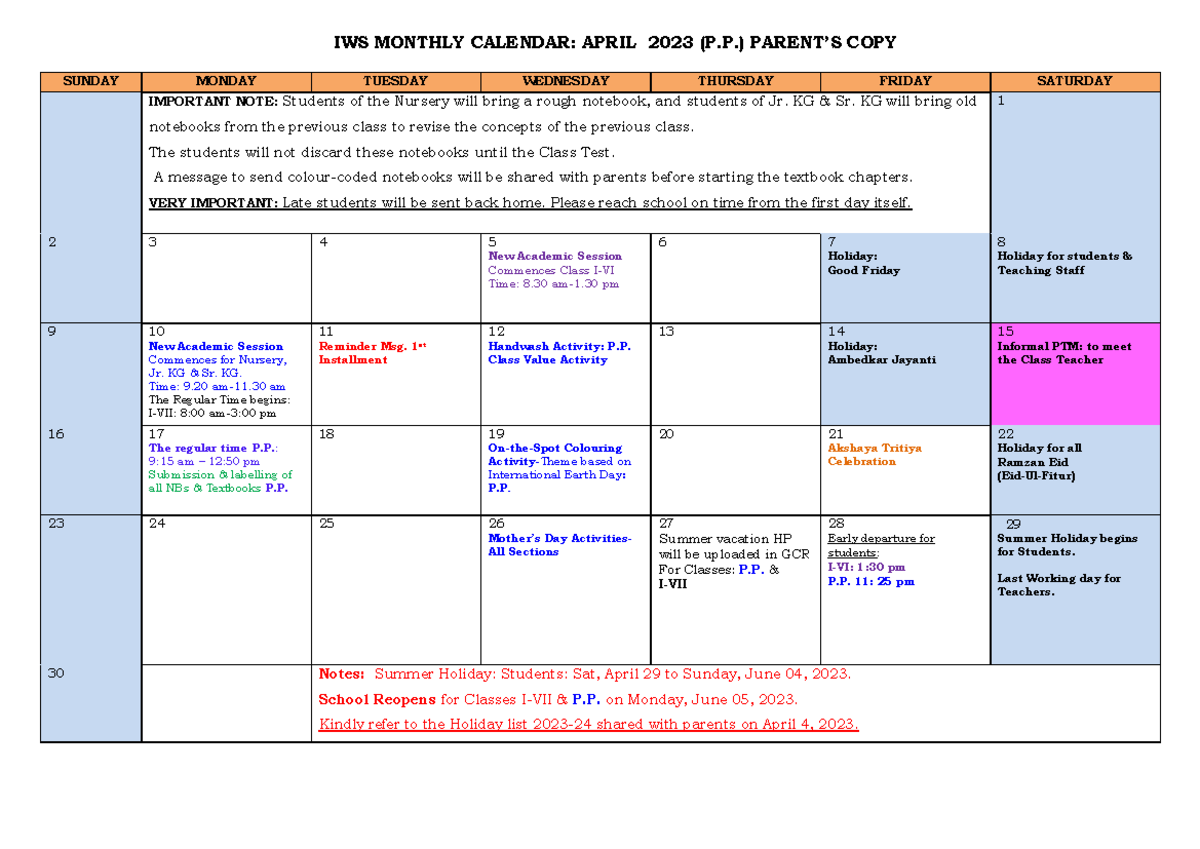 P.P. Monthly Calendar April 2023 Parents Copy - IWS MONTHLY CALENDAR ...