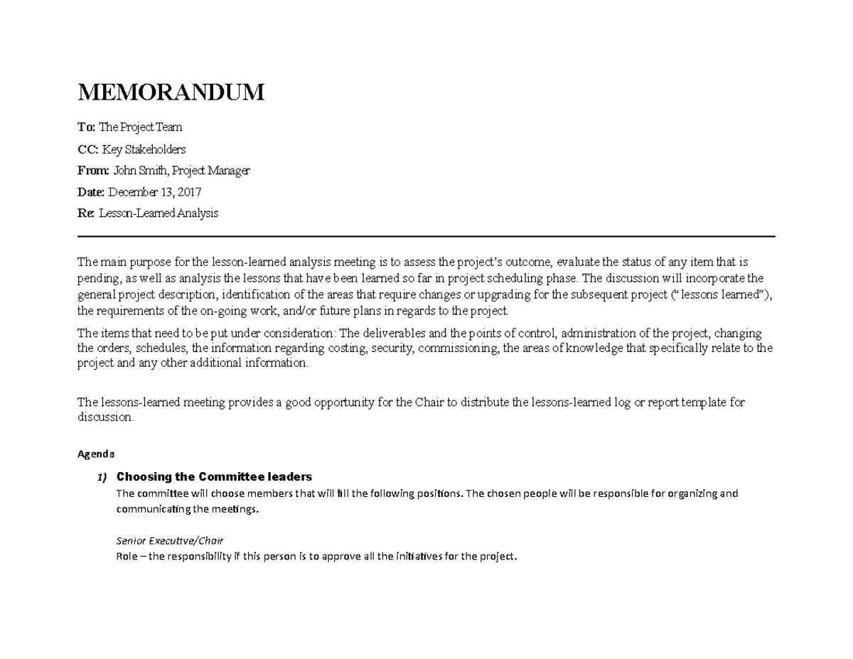 Memorandum - MEMORANDUM To: The Project Team CC: Key Stakeholders From ...