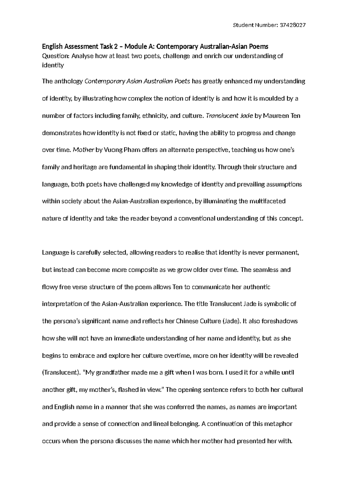 English Assessment Task 2 (Poetry) - Student Number: 37428027 English ...