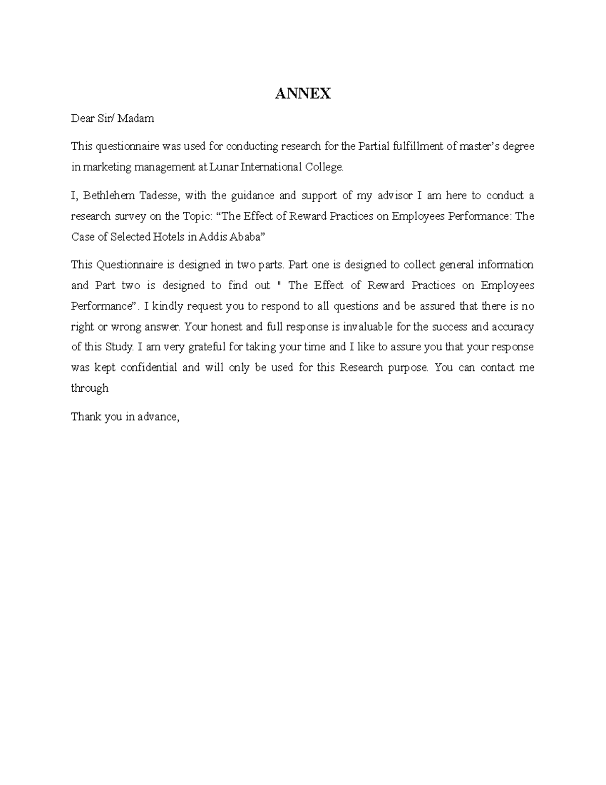 Annex - assignment - ANNEX Dear Sir/ Madam This questionnaire was used ...