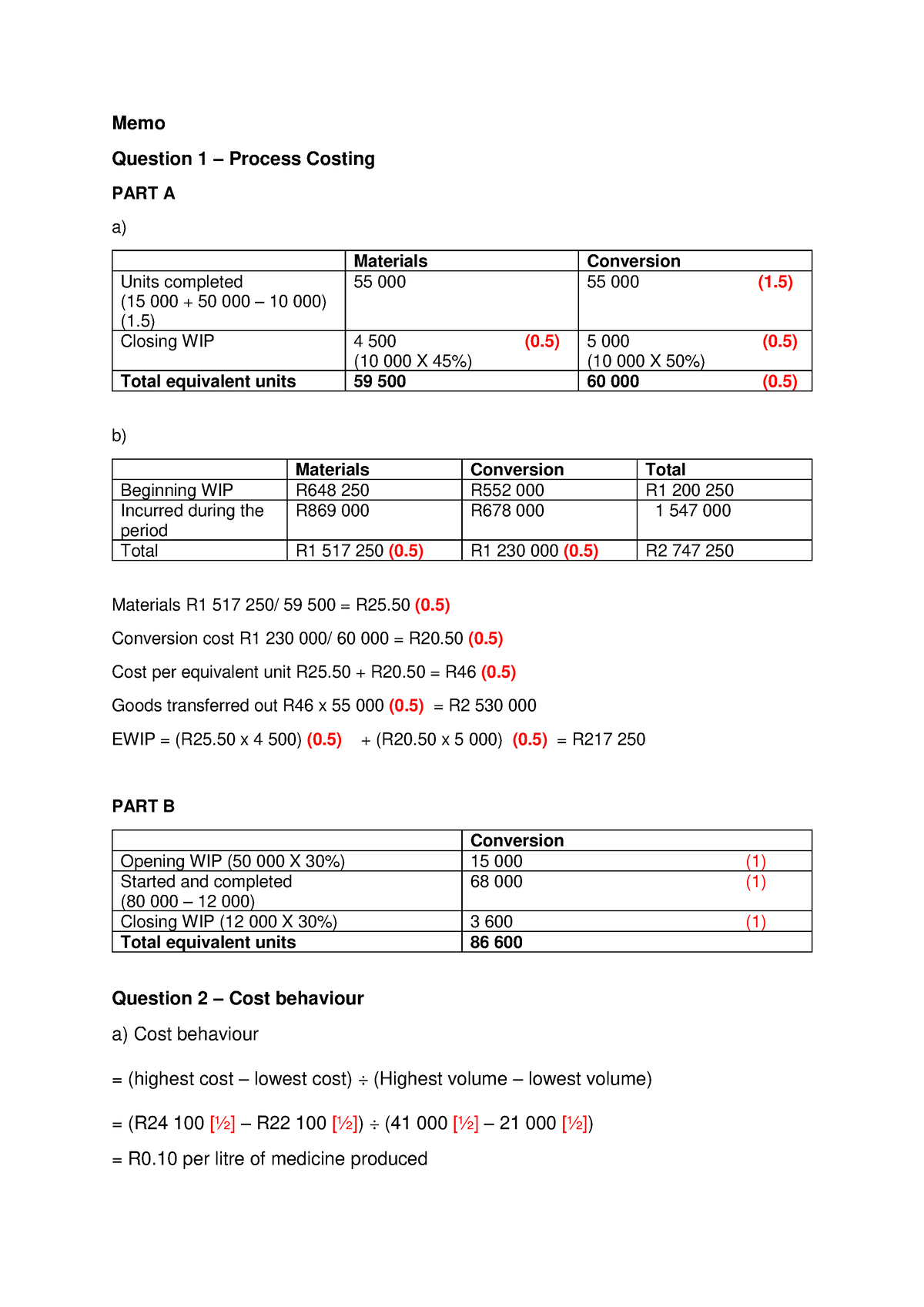 FBS 222 Semester Test 2 Memo - Memo Question 1 – Process Costing PART A ...