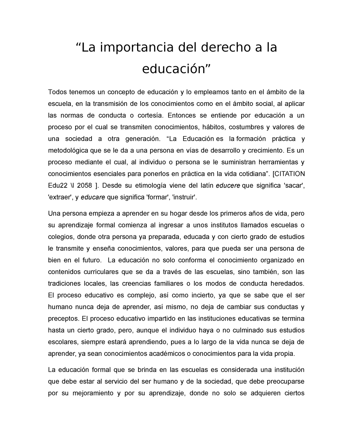 Importancia Del Derecho A La Educación - “La Importancia Del Derecho A ...