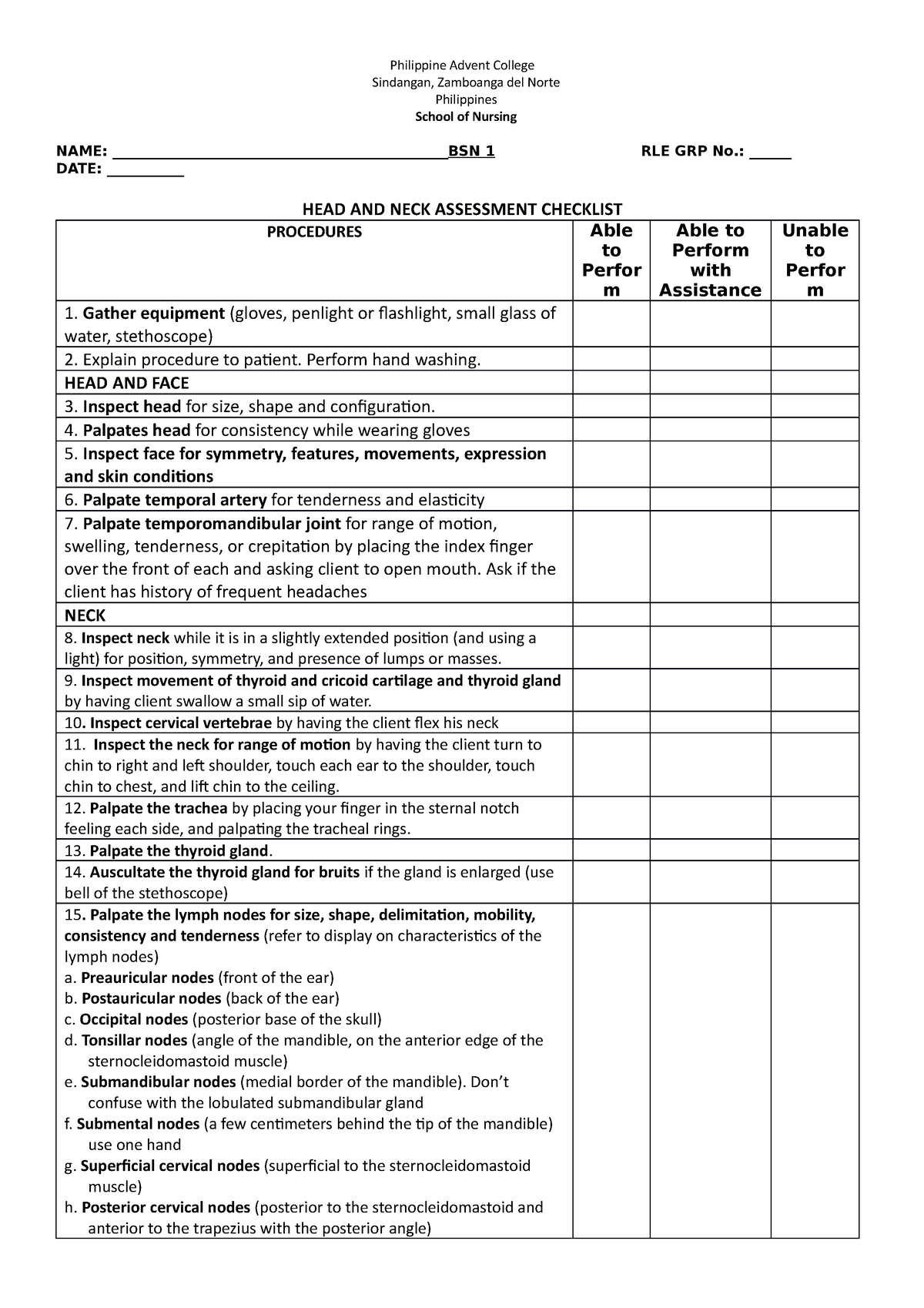 Head and neck-checklist - Philippine Advent College Sindangan ...