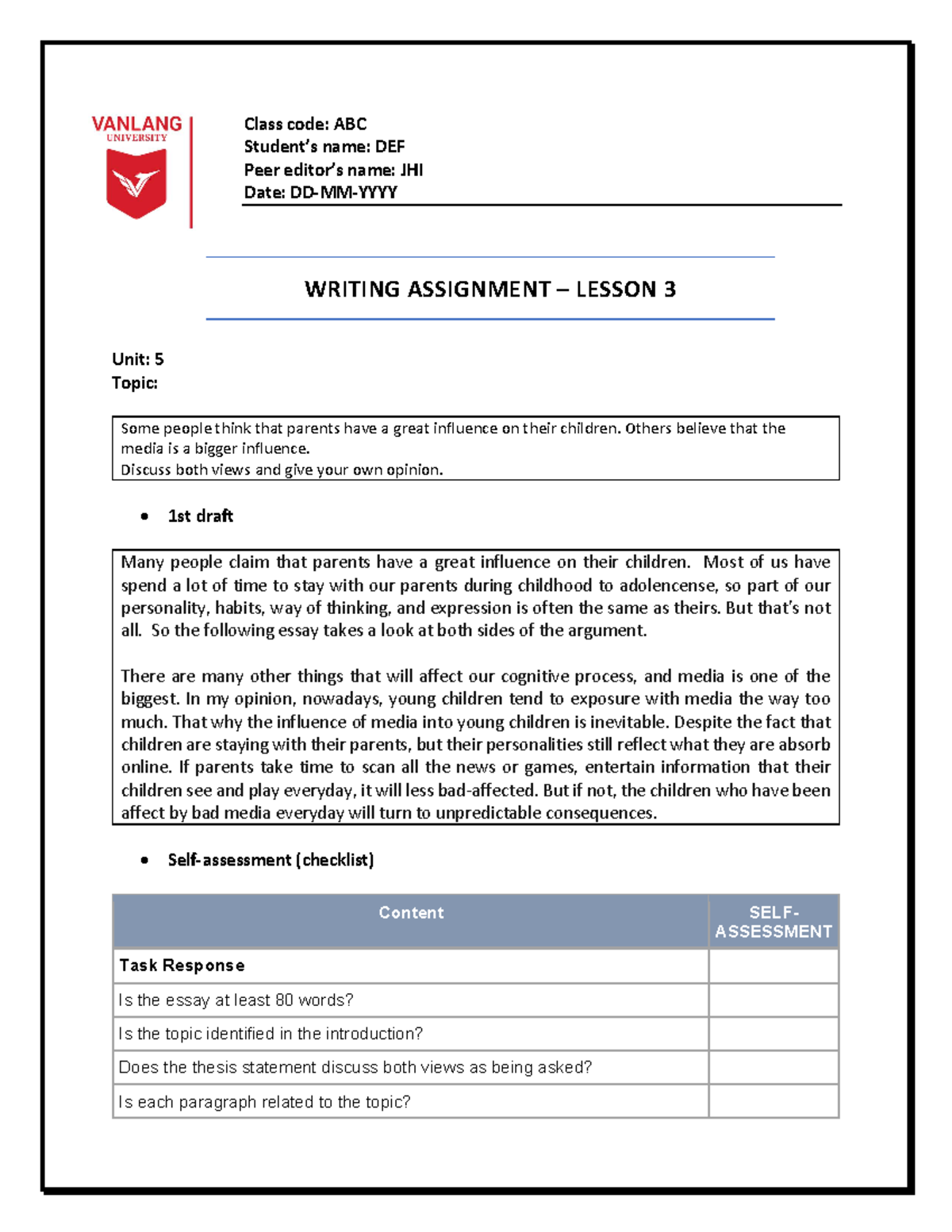 Demo - Writing assignment theo template - Class code: ABC Student’s ...