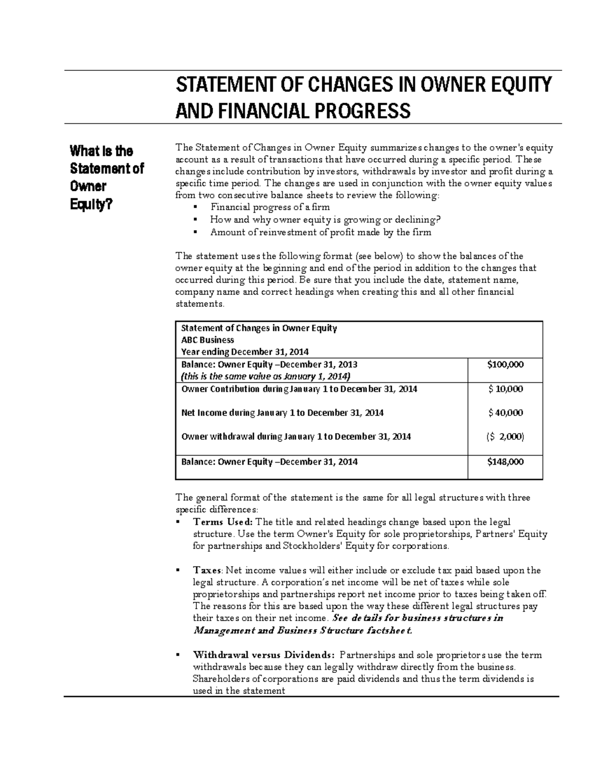 Statement OF Owner Equity Fact Sheets - STATEMENT OF CHANGES IN OWNER ...