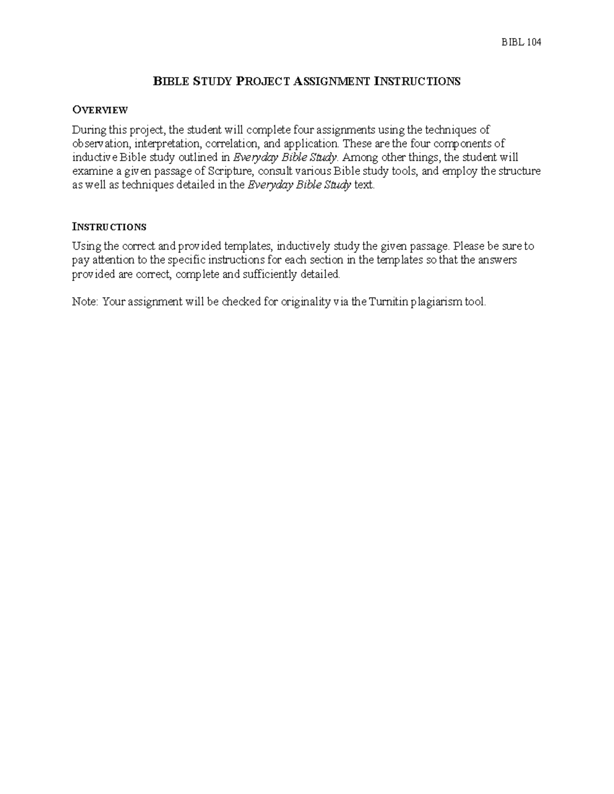 Bible Study Project Assignment Instructions BIBL 104 BIBLE STUDY
