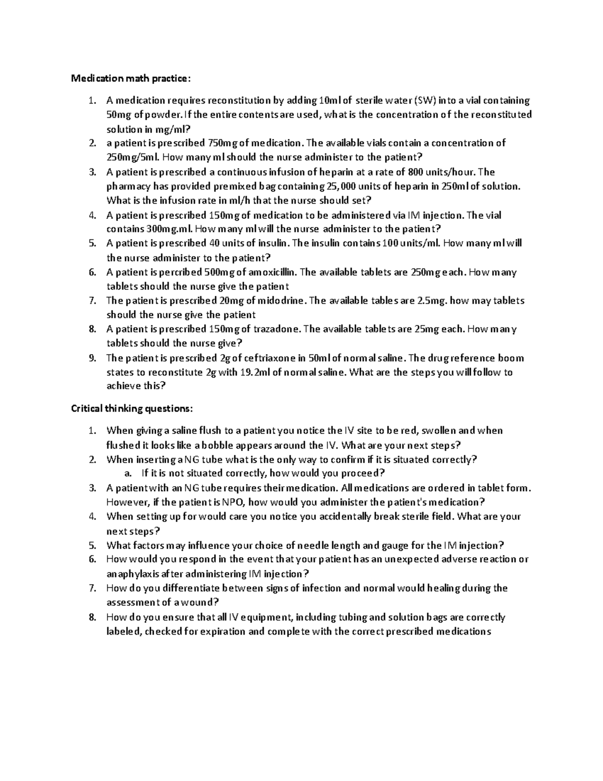 Simulation practice - Medication math practice: 1. A medication ...