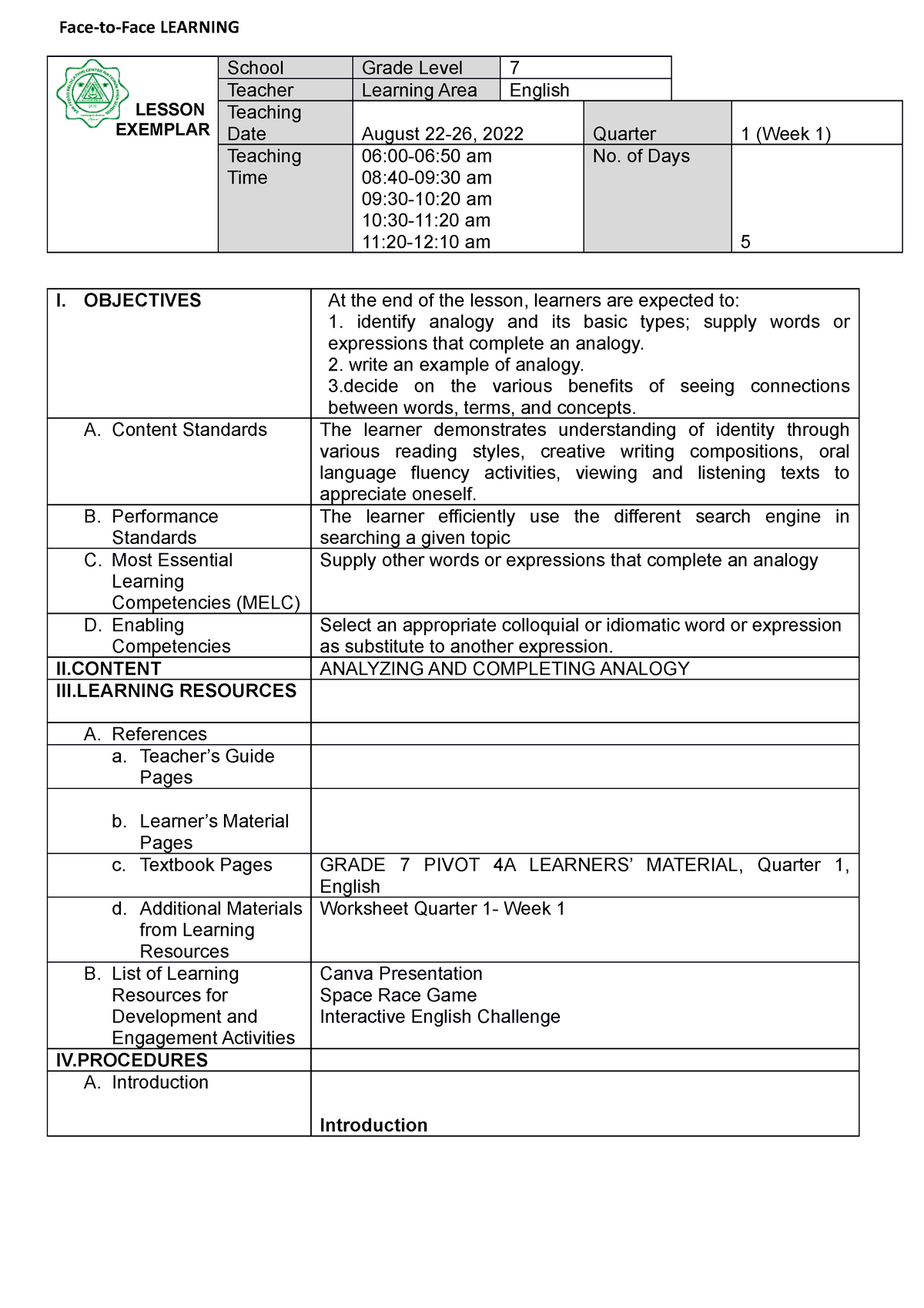 Quarter 1-Week 1 - Lesson Plan - LESSON EXEMPLAR School Grade Level 7 ...