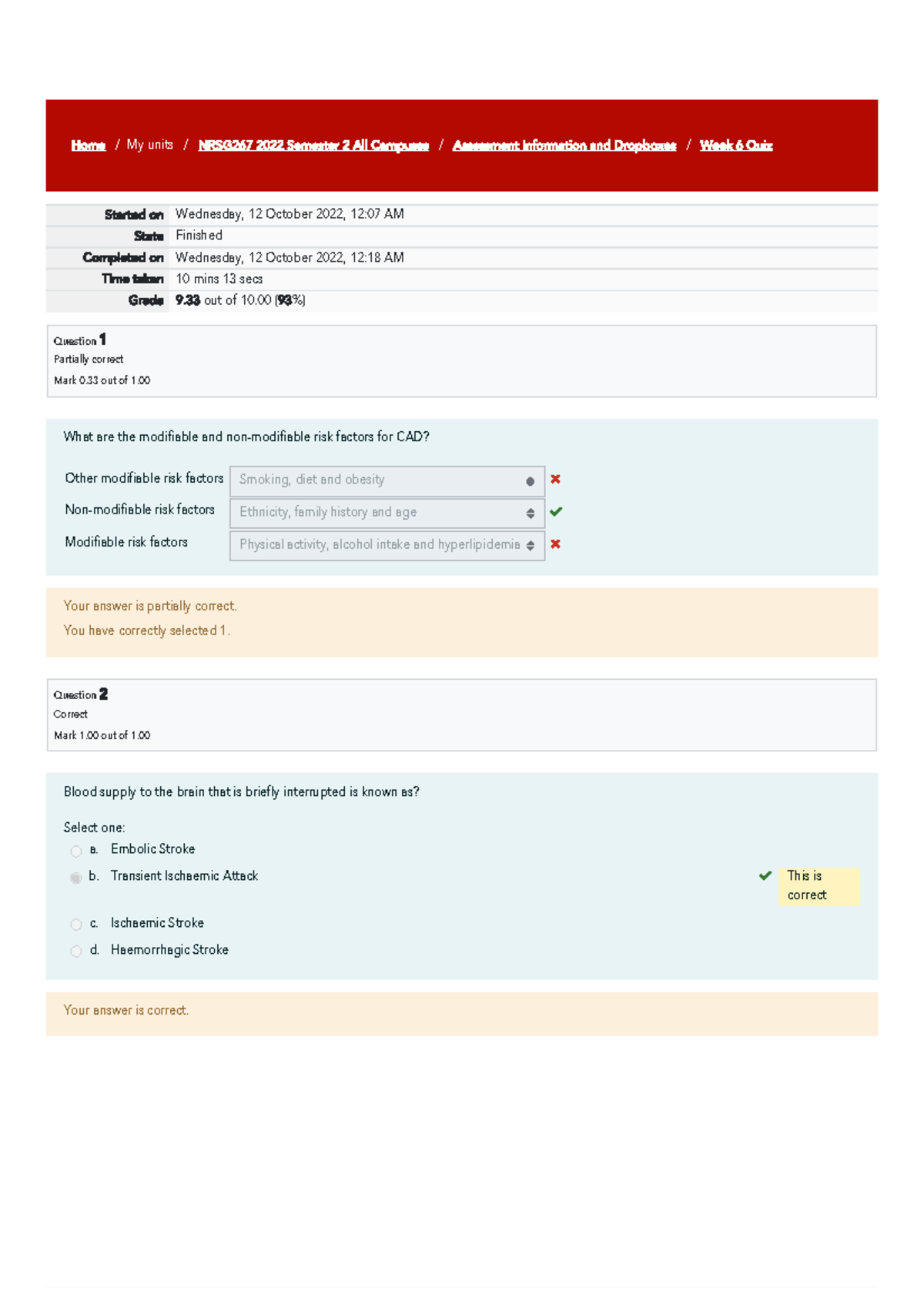 Week 6 Quiz Attempt review - Home / My units / NRSG267 2022 Semester 2 ...