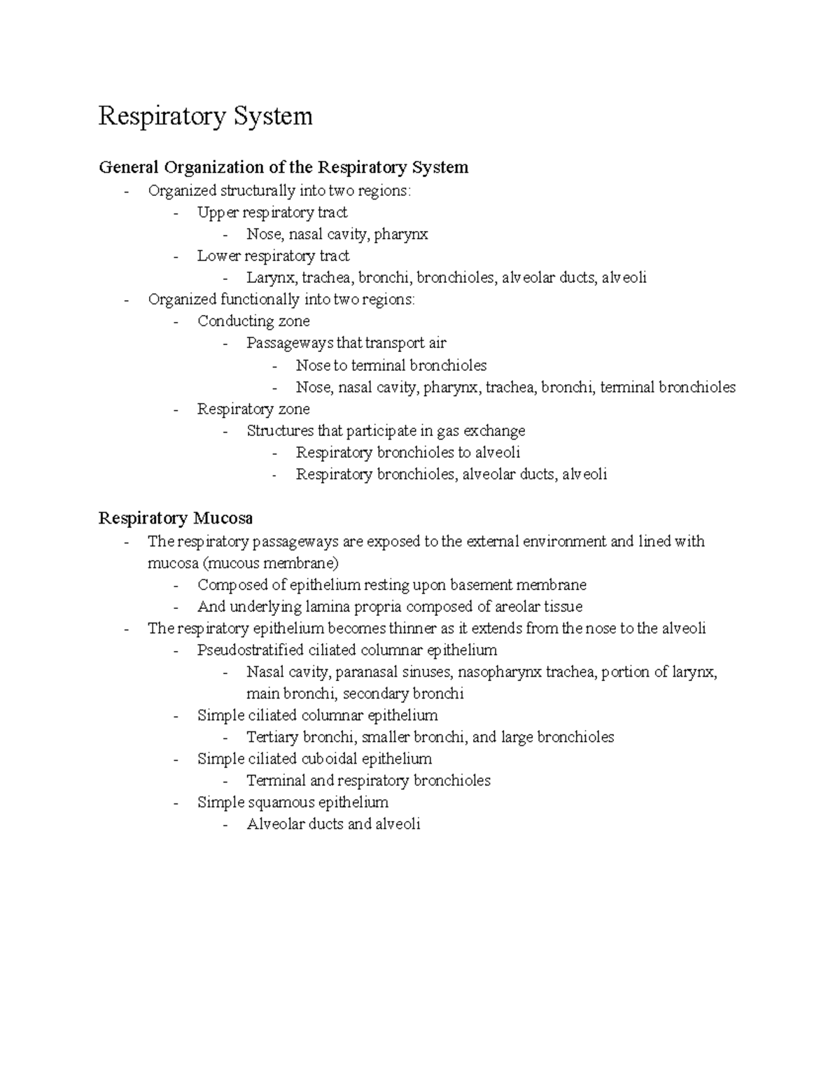 Respiratory System - Lecture notes provided by Professor Childress ...