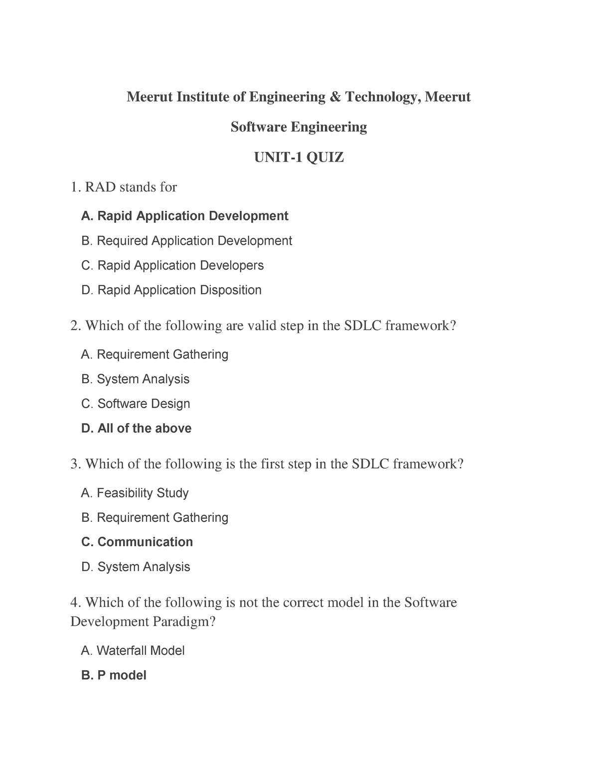 Software Engineering (KCS-601) UNIT 1 MCQ updated - Meerut Institute of Engineering & - Studocu