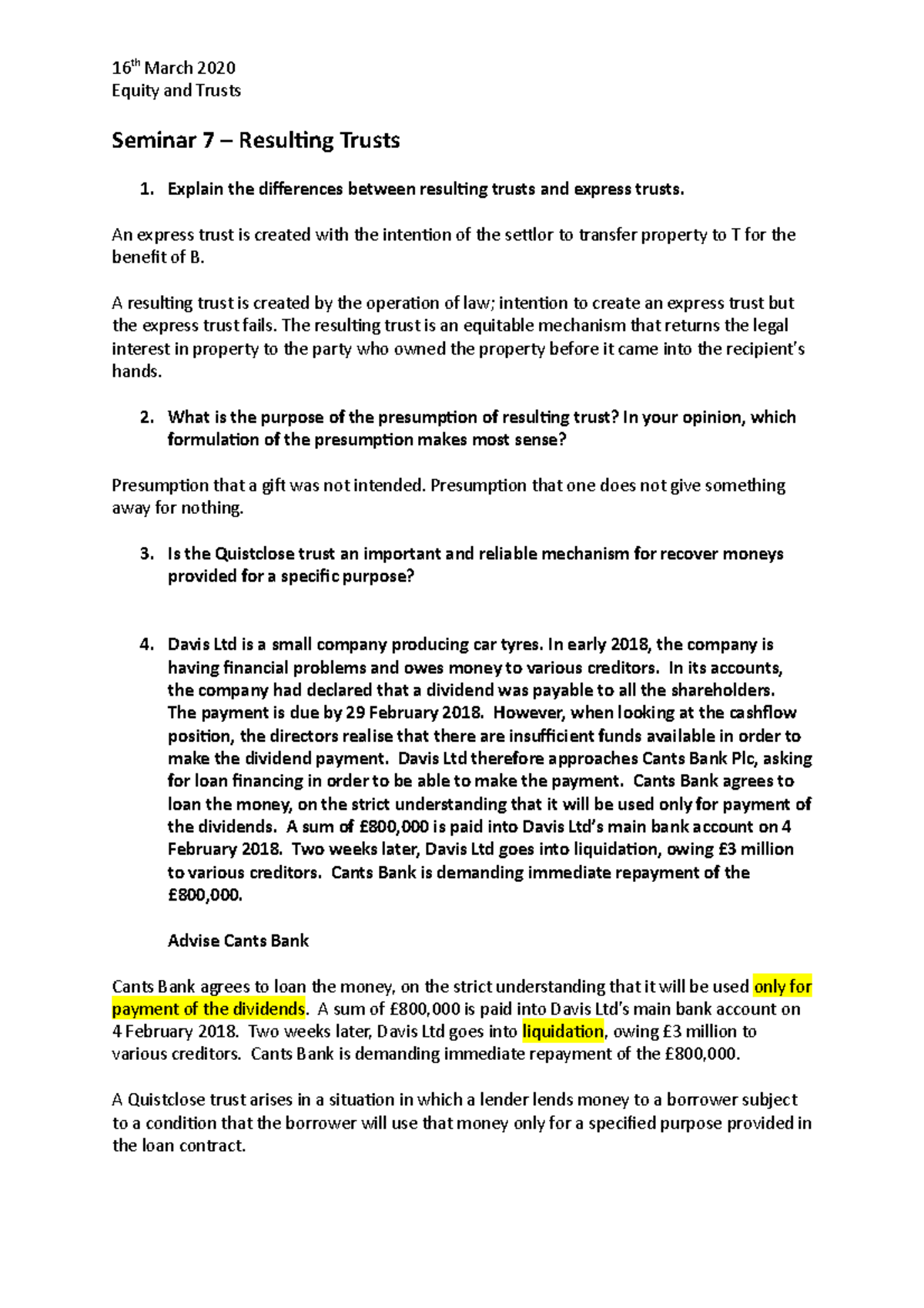 S7 Resulting Trusts - Lecture notes 7 - 16 th March 2020 Equity and ...