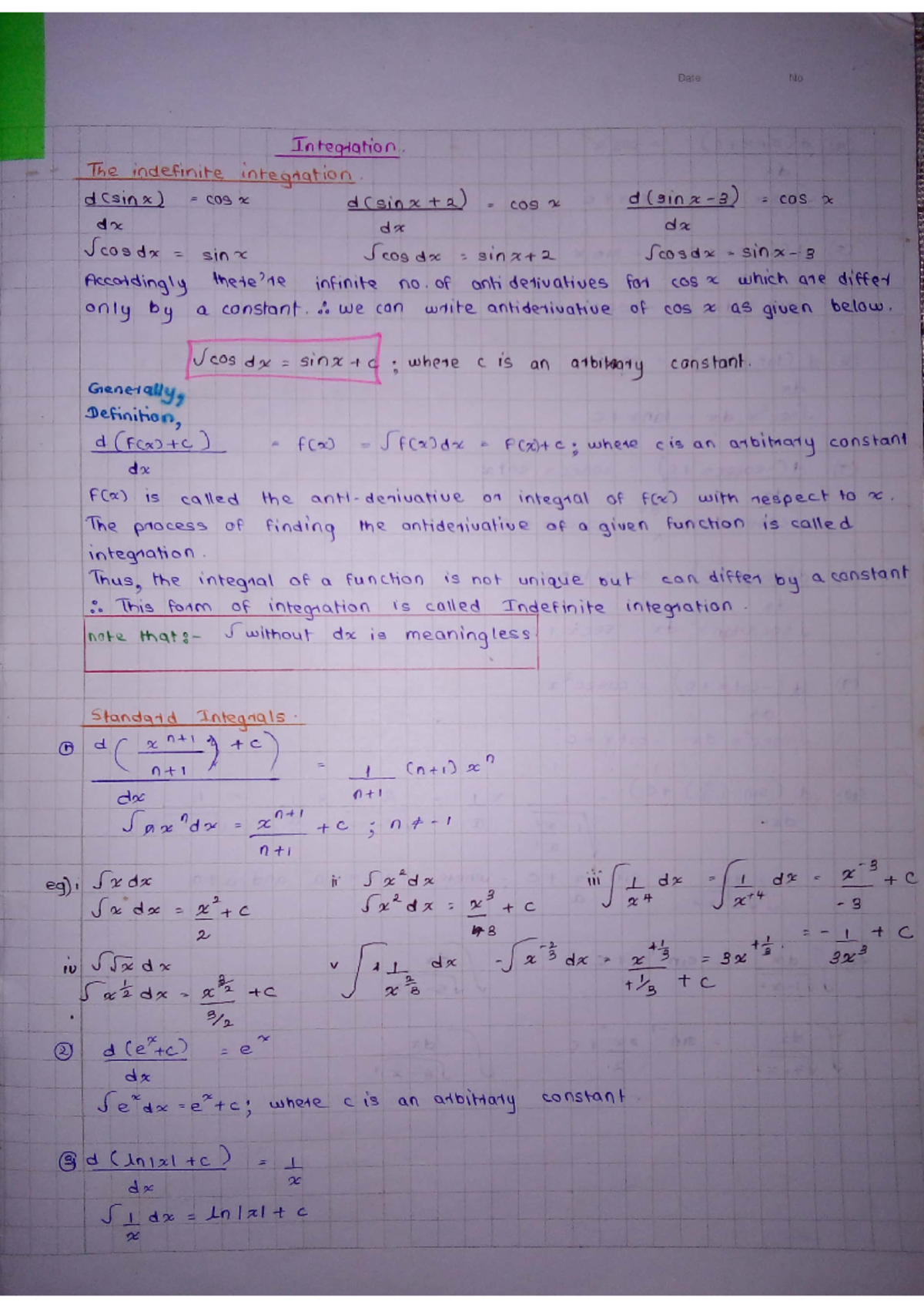 Intergration short note - Date No Integration. The indefinite ...