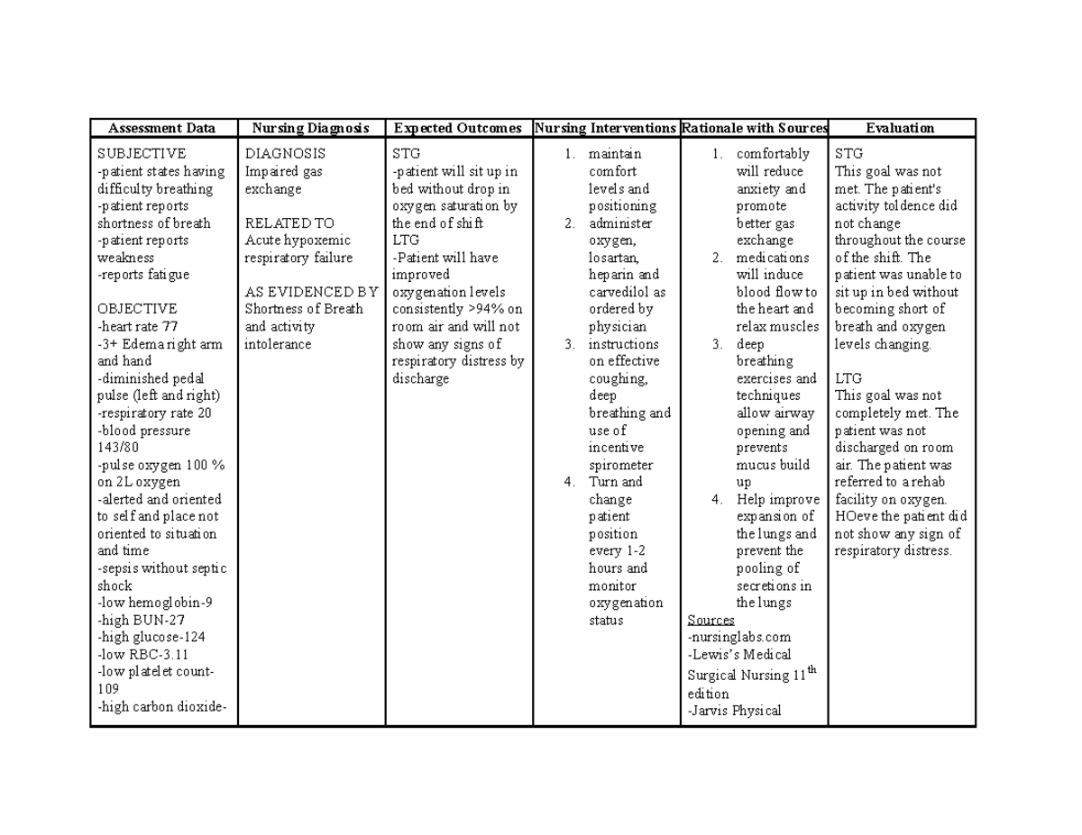 Med Surg Ii Care Plan Care Plan Med Surg Clinical Impaired Gas