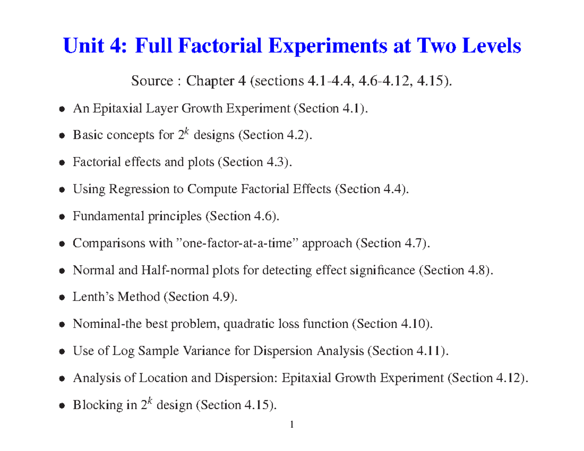 Unit4 - lecture note - Unit 4: Full Factorial Experiments at Two Levels ...