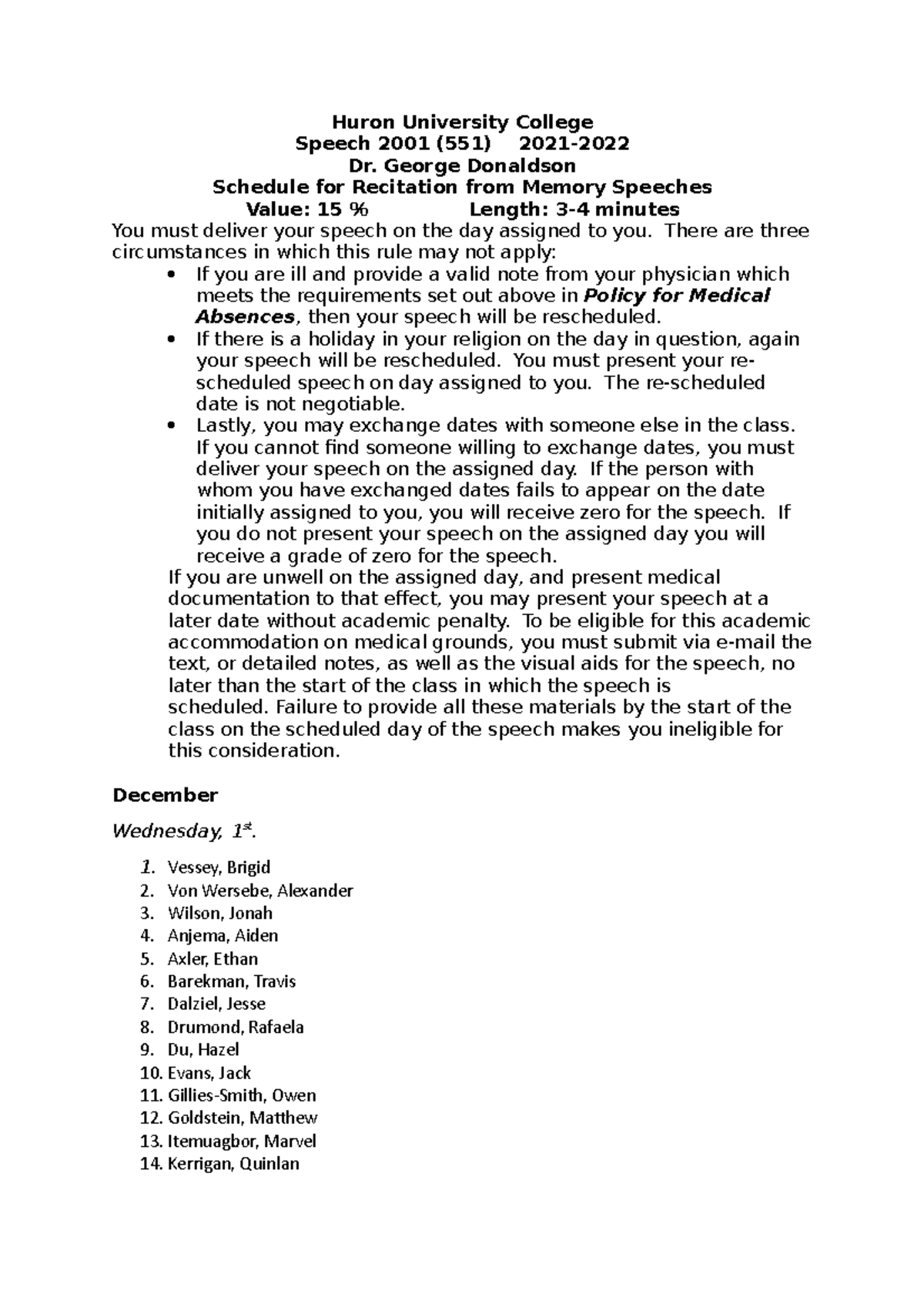 551 Recitation from Memory Schedule - Huron University College Speech ...
