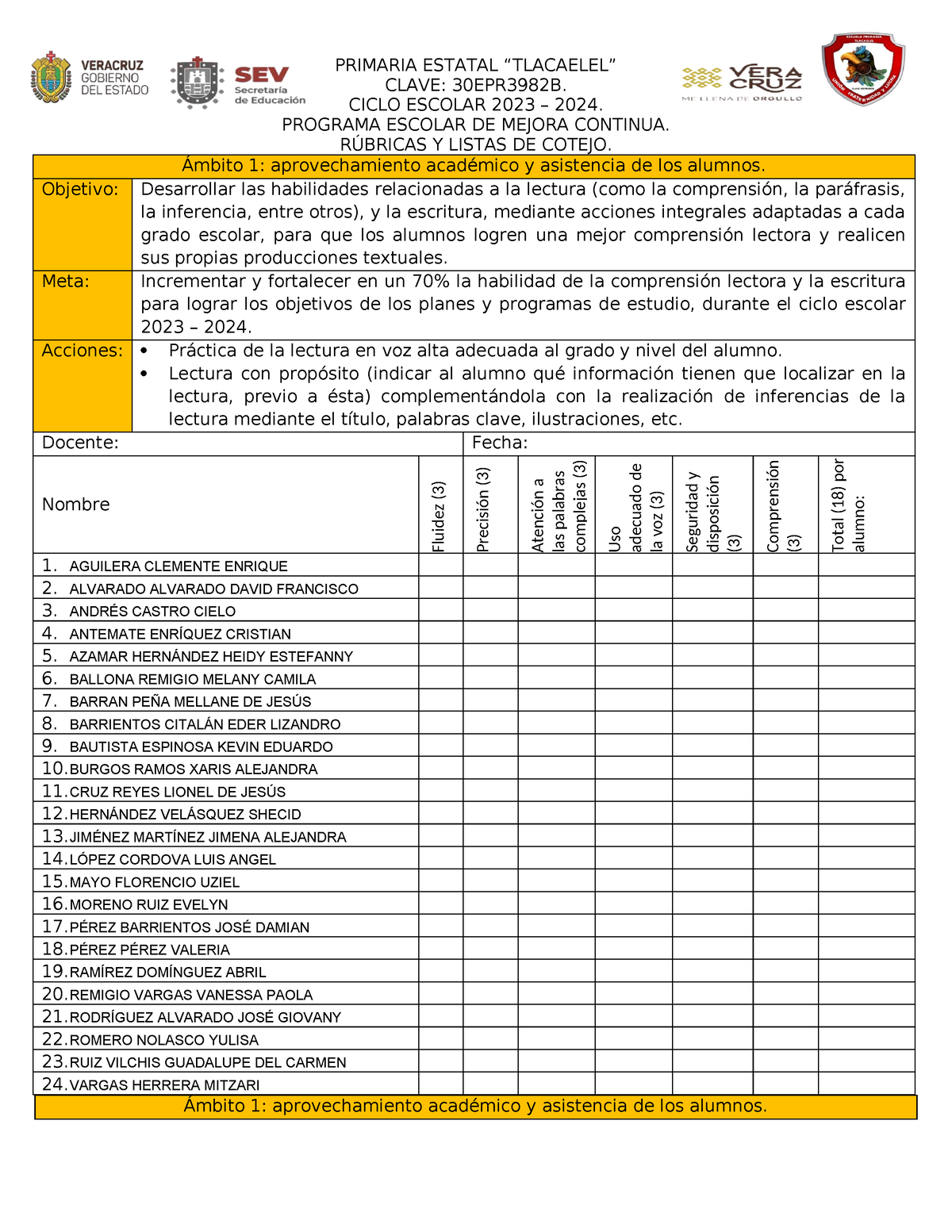 Rubrícas PEMC 2023 - 2024 - CLAVE: 30EPR3982B. CICLO ESCOLAR 2023 ...