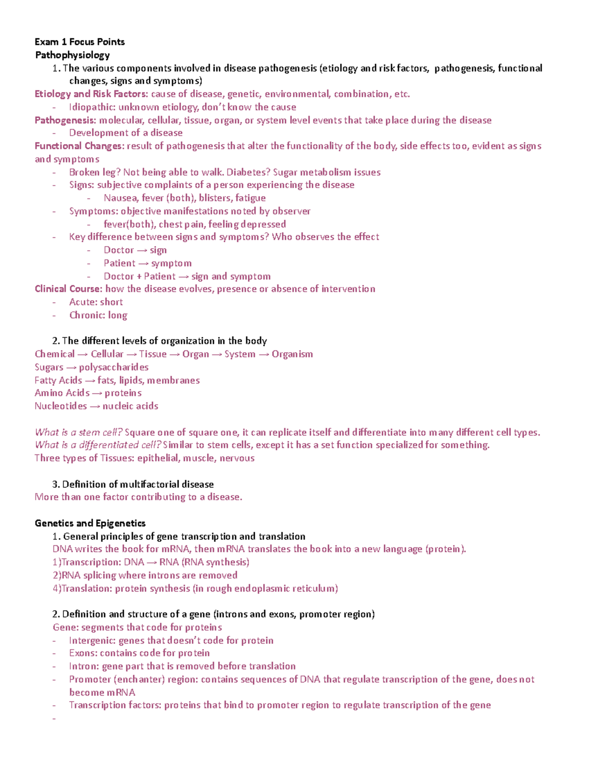HN318 Exam 1 Study Guide - Exam 1 Focus Points Pathophysiology 1. The ...