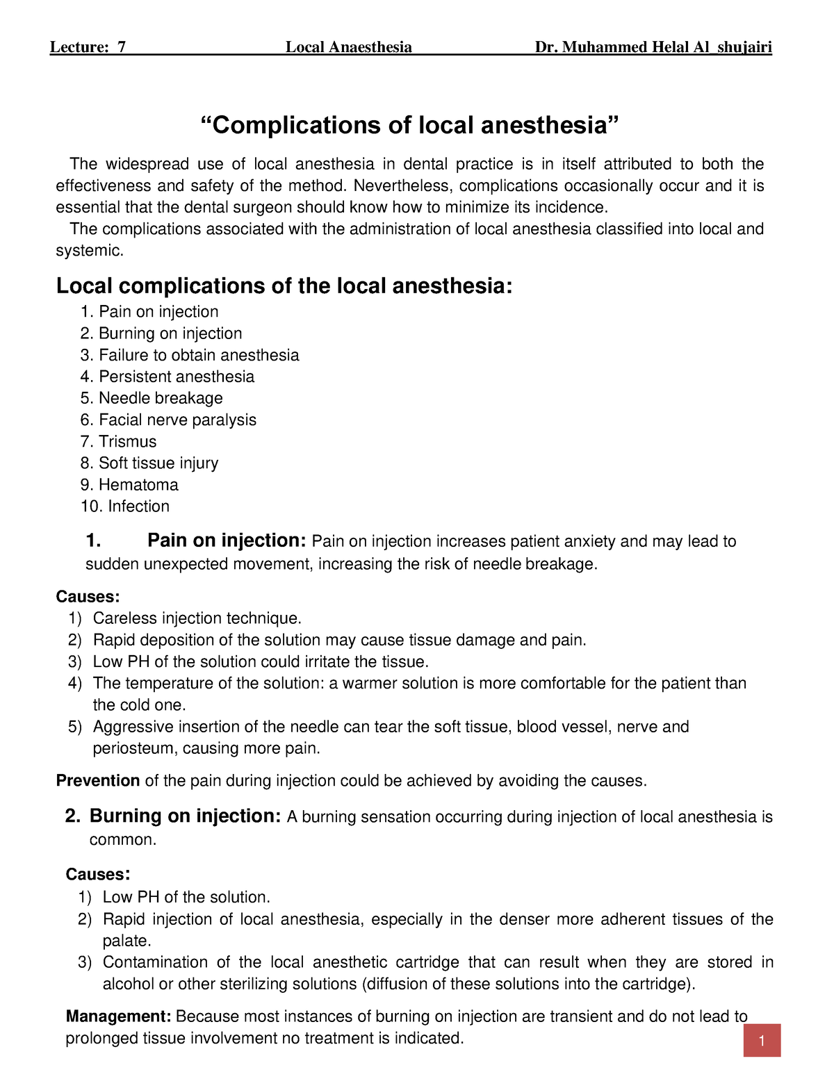 Oral surgery Lec (7) Complications of local anesthesia