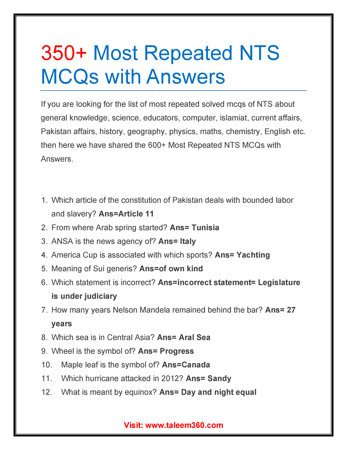 350+ Most Repeated NTS MCQs with Answers - then here we have shared the ...