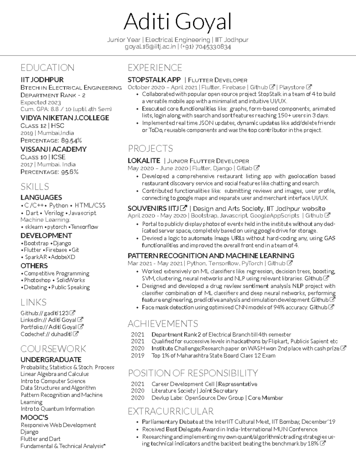 Aditi Goyal resume SDE - Aditi Goyal Junior Year | Electrical ...