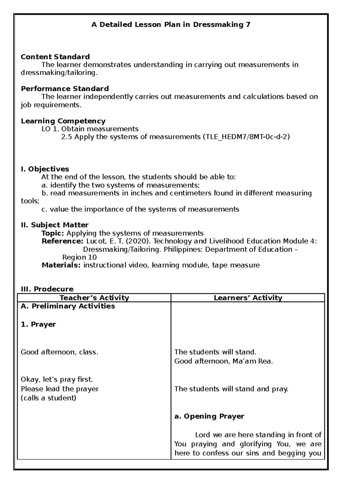 DLP Systems of Measurements - A Detailed Lesson Plan in Dressmaking 7 ...