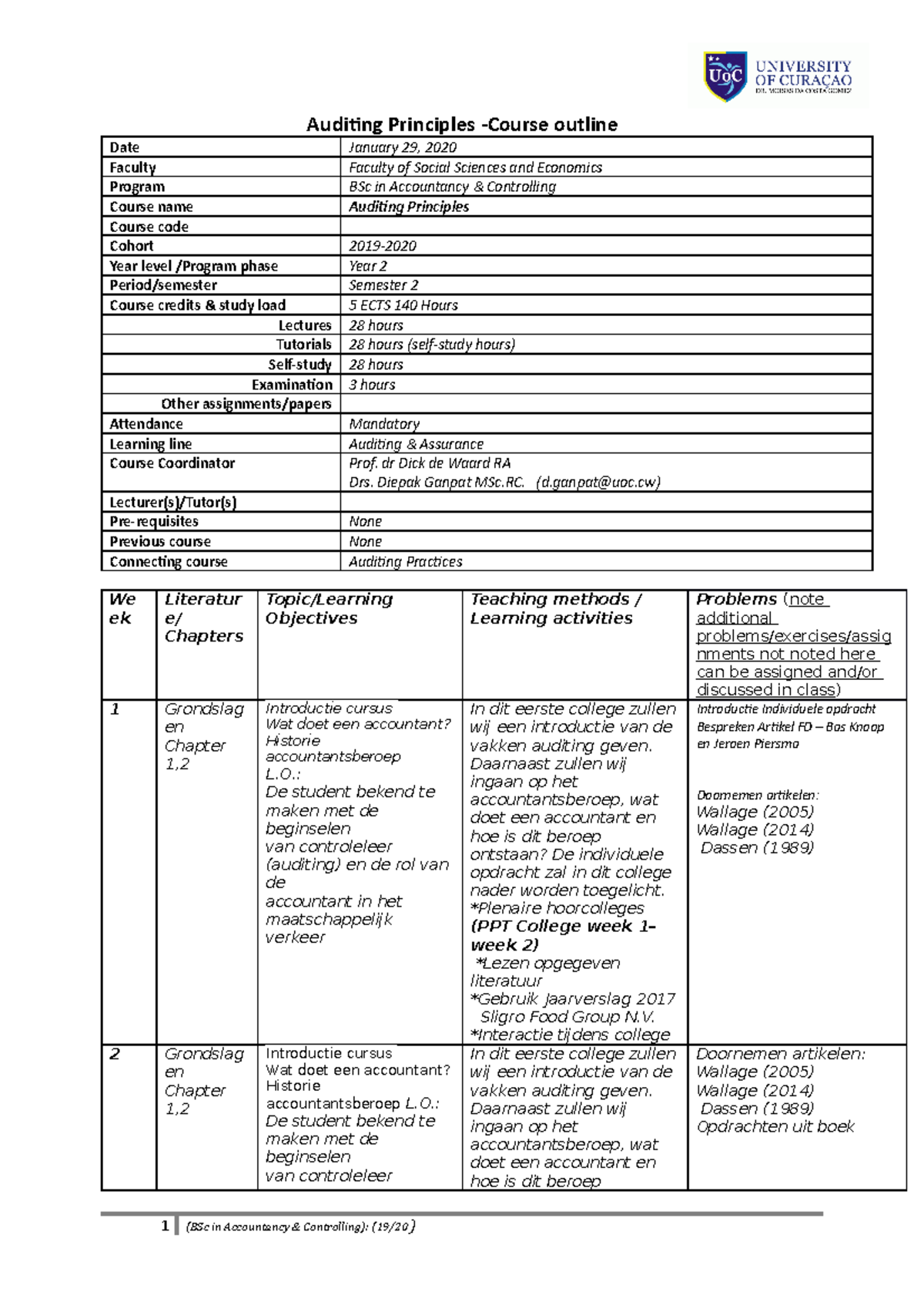 Course Outline Auditing Principles 1920 - Auditing Principles -Course ...