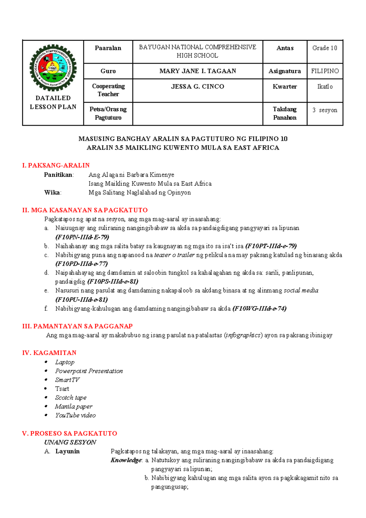 Tagaan DLP Aralin 3 - Lesson Plan - DATAILED LESSON PLAN Paaralan ...