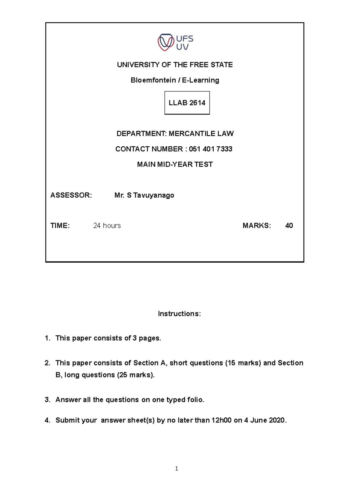 Main Test - June 2020 Instructions This paper consists of pages This ...