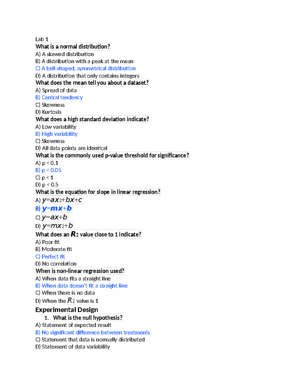 Exam 1 questions - Lab 1 What is a normal distribution? A) A skewed ...