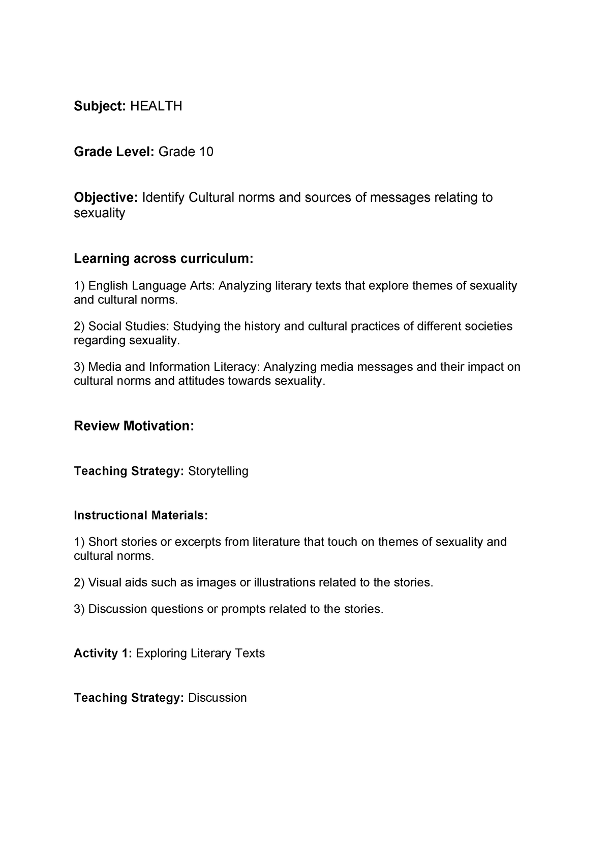 Lesson plan - GFJGKJH - Subject: HEALTH Grade Level: Grade 10 Objective ...