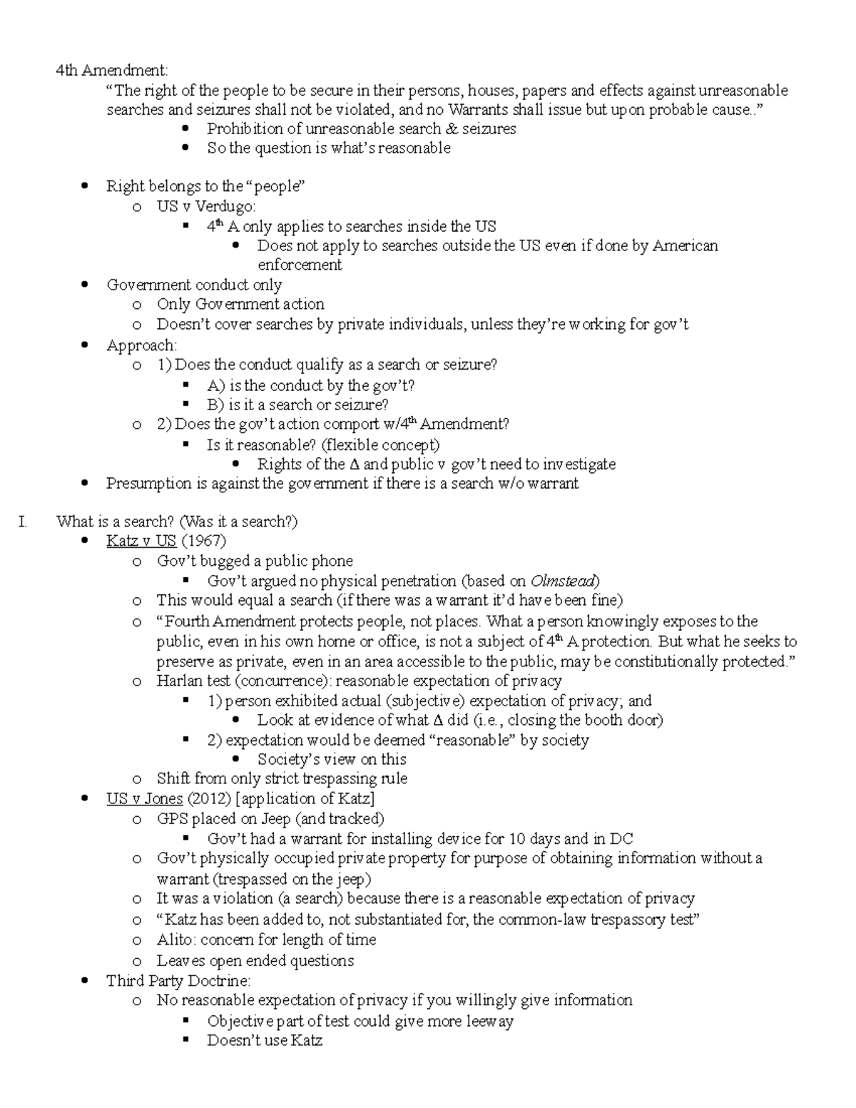 Crim Pro Outline - 4th Amendment: “The right of the people to be secure ...